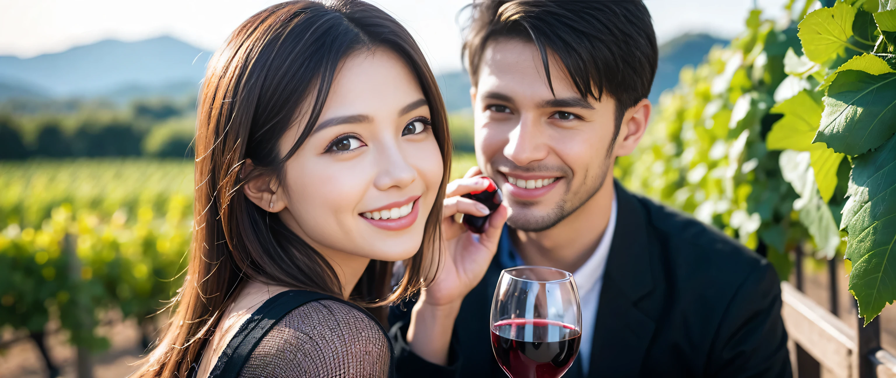 ((highest quality、8k、masterpiece:1.3))、1 male、1 female、Couple、Spouse、Couple、The body is slim、((Bob Hale、Straight hair:1.2)), (Realistic, Intricate details:1.2), Wine glass on the table、Put the light on your face、 Amazing view of the sunset sky and clouds、Amazing mountain views、A bright smile、The wonderfulness of smile、Bright image、The beauty of wine, Beautiful Face, blue eyes, The light shines on your face, Blushing, short hair,Bright Face、 (Age 37), 39 years old, red wine 、Appetizers、Italian food、Wine bottle、Champagne、sparkling wine、Two beauties、Brown Hair、Shortcuts、Long sleeve shirt、dress、Pretty Woman 1, (Slim face), (The body is slim), (Brown Hair), (Shortcuts), cheeks turn a little red,Attractive beauty、restaurant, In a prominent place (From the waist up) Nova Frog Style, actress, model, Upper Body, White wine, slim, wine glass, A wine glass placed in the center, smile, (smile: 1.15), Beautiful fine grain, Depth f/2,saturation, High Contrast, Strong light and shadow,Moist Body:1.5、3D texture、Delicate eyes、Brown Hair、The hair is very shiny、