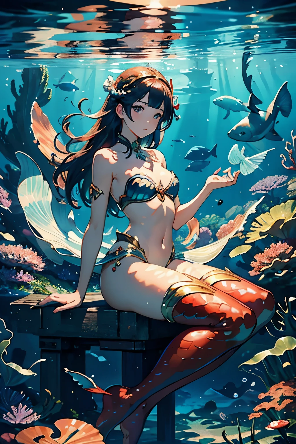 (highest quality、masterpiece、High resolution)、4K Anime Art、Reality、Beautiful mermaid woman、Sit on a big scallop chair、Underwater、Fine foam、Many beautiful fish swimming in the sea、Shimmering Scales、Vivid Coral、Seaweed、Remains of a sunken ship、