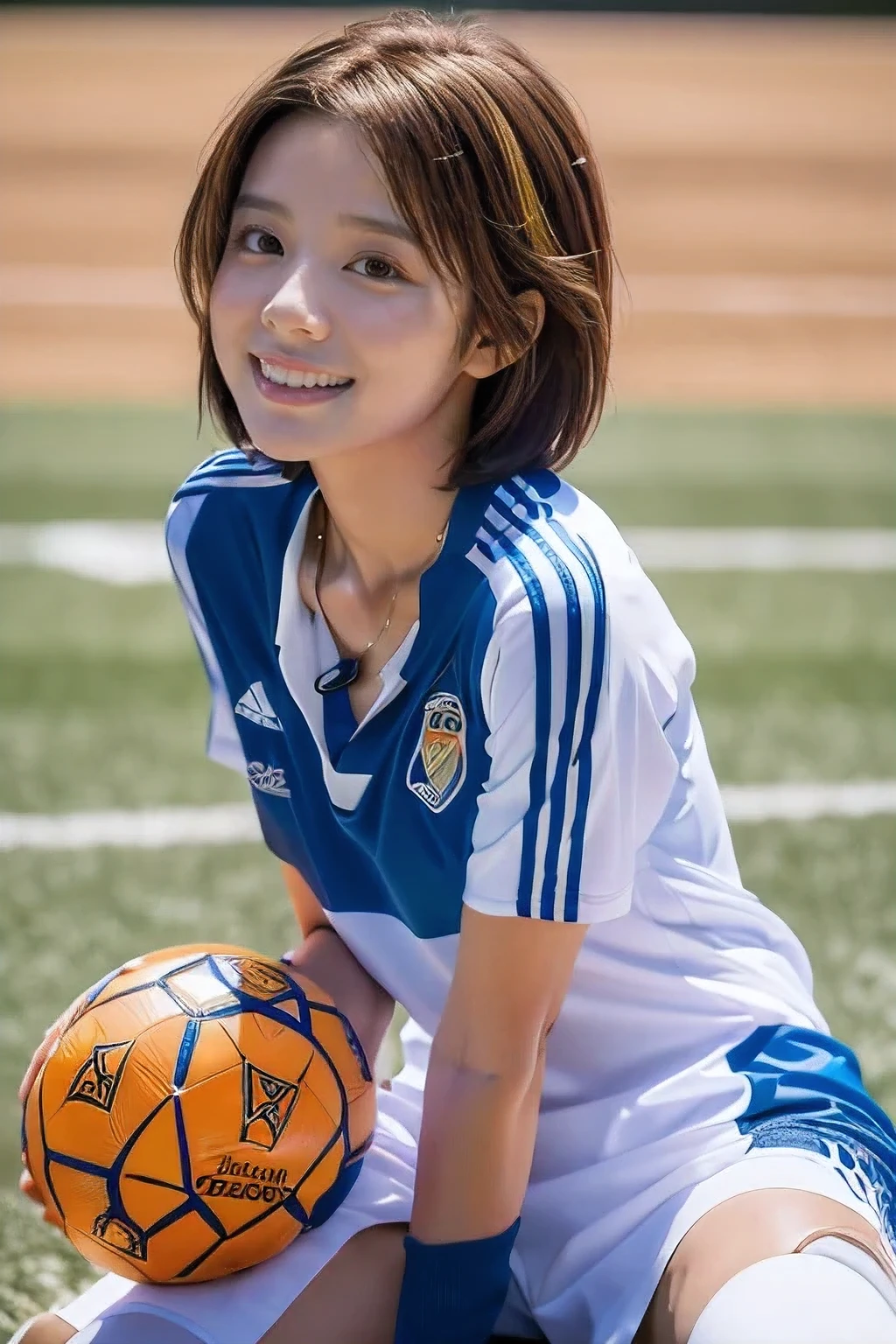 (An 18-year-old woman practicing soccer on a soccer field:1.5)、(Gentle smile:1.2)、(The best quality at its best:1.4), (Super detailed), (Very detailed CG unified 16k), Beautiful woman with perfect figure: 1.4, Sharp focus: 1.2, Very detailed, High-quality RAW color photos, Professional photography, Great face and eyes, cosmetics, (Amazingly beautiful girl), ((Soccer uniforms:1.5)), Sexy posture,(View from below), Realistic movie faces, Full body long view from head to toe, Realistic, ((Realistic natural orange red hairstyle, Realistic blue eyes)), ( Short Bob Hair:1.5), (necklace:1.5)、, Very beautiful face, Perfect model beauty, Mouth swelling, Highly detailed face and skin texture, Fine grain, double eyelid, Medium chest, smile, (masterpiece), highest quality, High resolution, Very detailed, Blurred Background, Depth of written boundary, Cinema Lighting, Great legs, , Clear, well-maintained skin,