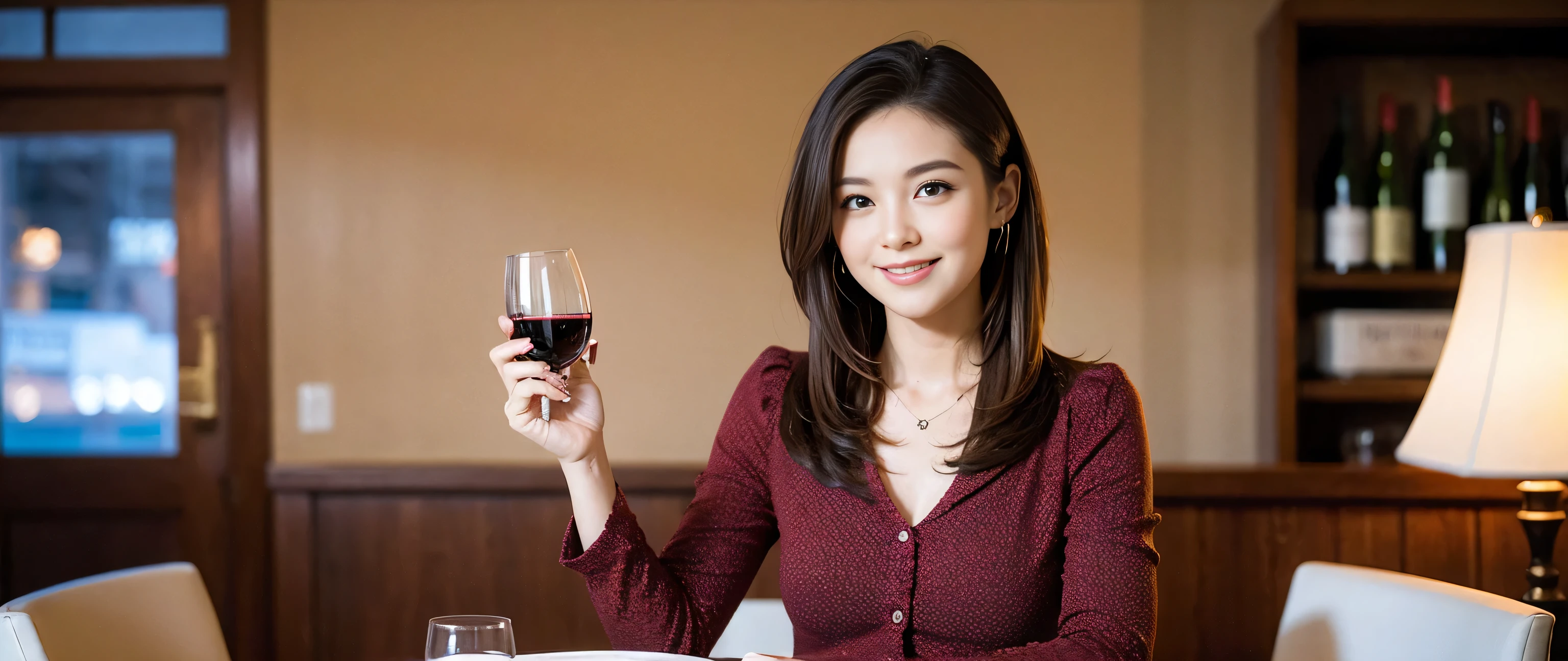 ((highest quality、8k、masterpiece:1.3))、Sharp focus:1.2、Beautiful woman perfect body:1.4、Slim body、((Bob Hale、Straight hair:1.2))、(to be born, highest quality, masterpiece:1.5), (Realistic, Intricate details:1.2), Wine glass on the table、Put the light on your face、 Amazing view of the sunset sky and clouds、Amazing mountain views、A bright smile、A lovely woman with a smile、Bright image、2. The beauty of wine, Beautiful Face, blue eyes, The light shines on your face, Blushing, short hair,Bright Face、Fox face、 (43 years old), 39 years old, Lady、red wine 、Appetizers、Italian food、Wine bottle、Champagne、sparkling wine、Two beauties、Brown Hair、Shortcuts、Long sleeve shirt、dress、Pretty Woman 1, (Slim face), (The body is slim), (Brown Hair), (Shortcuts), cheeks turn a little red,Attractive beauty、, Out of the window, A beautiful and detailed night view unfolds.........., restaurant, In a prominent place (From the waist up) Nova Frog Style, actress, model, Upper Body, White wine, slim, wine glass, Wine glass placed in the center, smile, (smile: 1.15), Beautiful fine grain, Depth f/2,saturation, High Contrast, Strong light and shadow,Moist Body:1.5、3D texture、Delicate eyes、Brown Hair、The hair is very shiny、