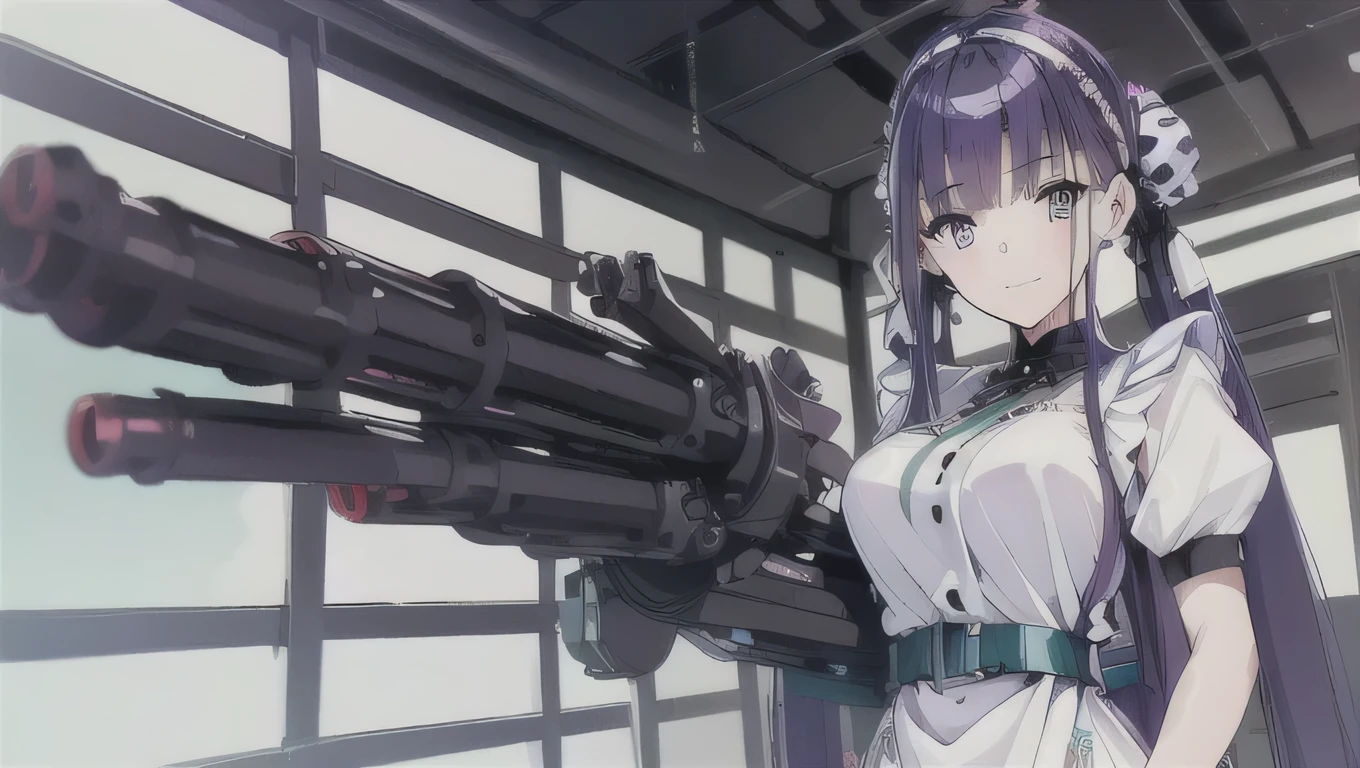 (((highest quality))), ((masterpiece)), (((Very detailed:1.3))) beautiful hyper waifu in cyberpunk bodysuit firing gatling gun,gun,anime,smile、Arms shop、 1 girl、solo、Long Hair、Twin tails、Red eyes、Open your mouth、Purple Hair、arms、hair band、skirt、belt、gloves、apron 、(((whole body、masterpiece, highest quality, High resolution, {Detailed and beautiful eyes}, finely,  Detailed and beautiful eyes,))),