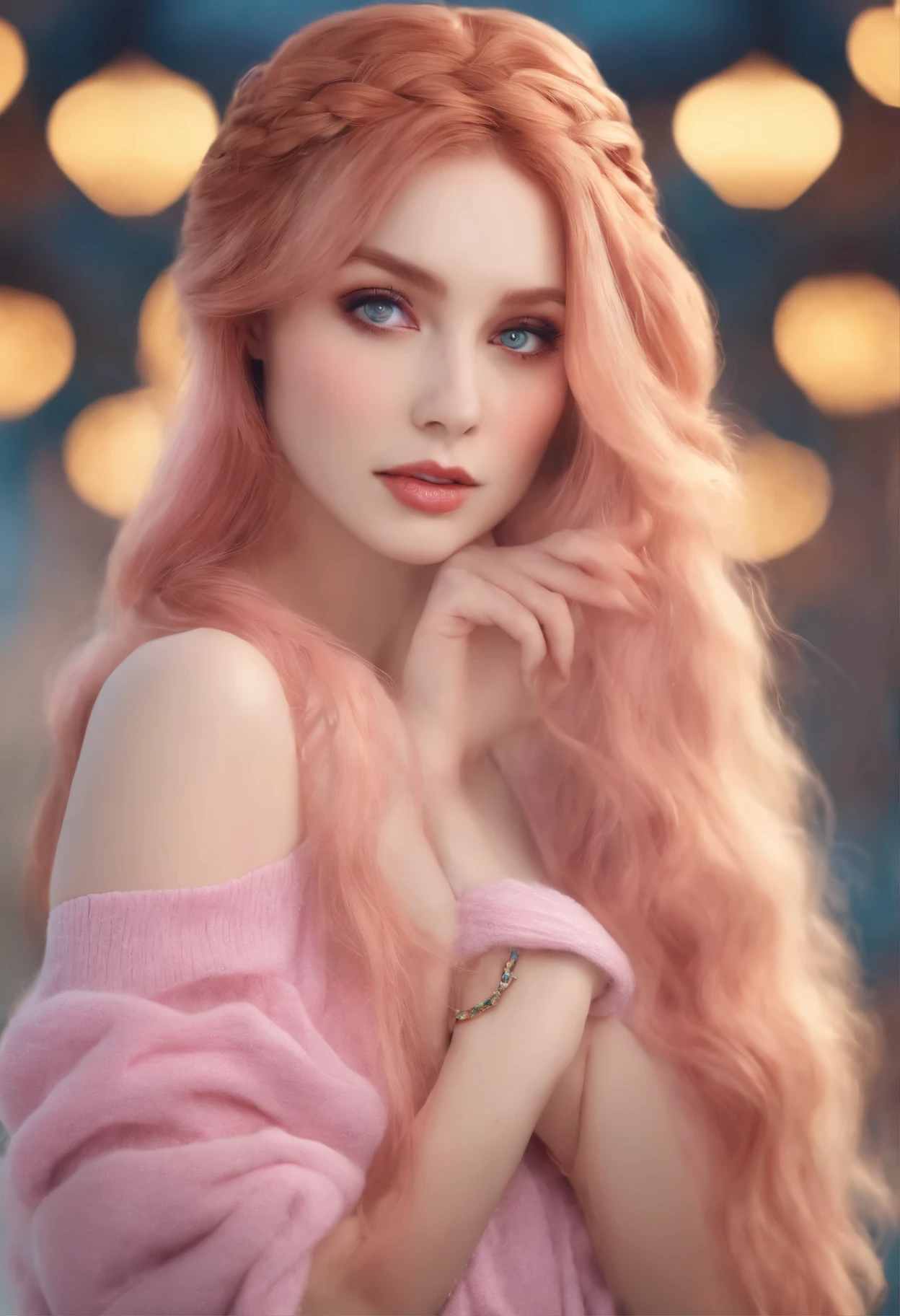 (masterpiece), ultra quality, expressive eyes, perfect face, perfect hands,perfect ,1woman,medium ,pink long hair, braids,ahoge, red eye,yellow eye,Heterochromia,bare shoulder, multicolor sweater, full figure, cleaveage, multicolor fingerless gloves,in luna park,full details