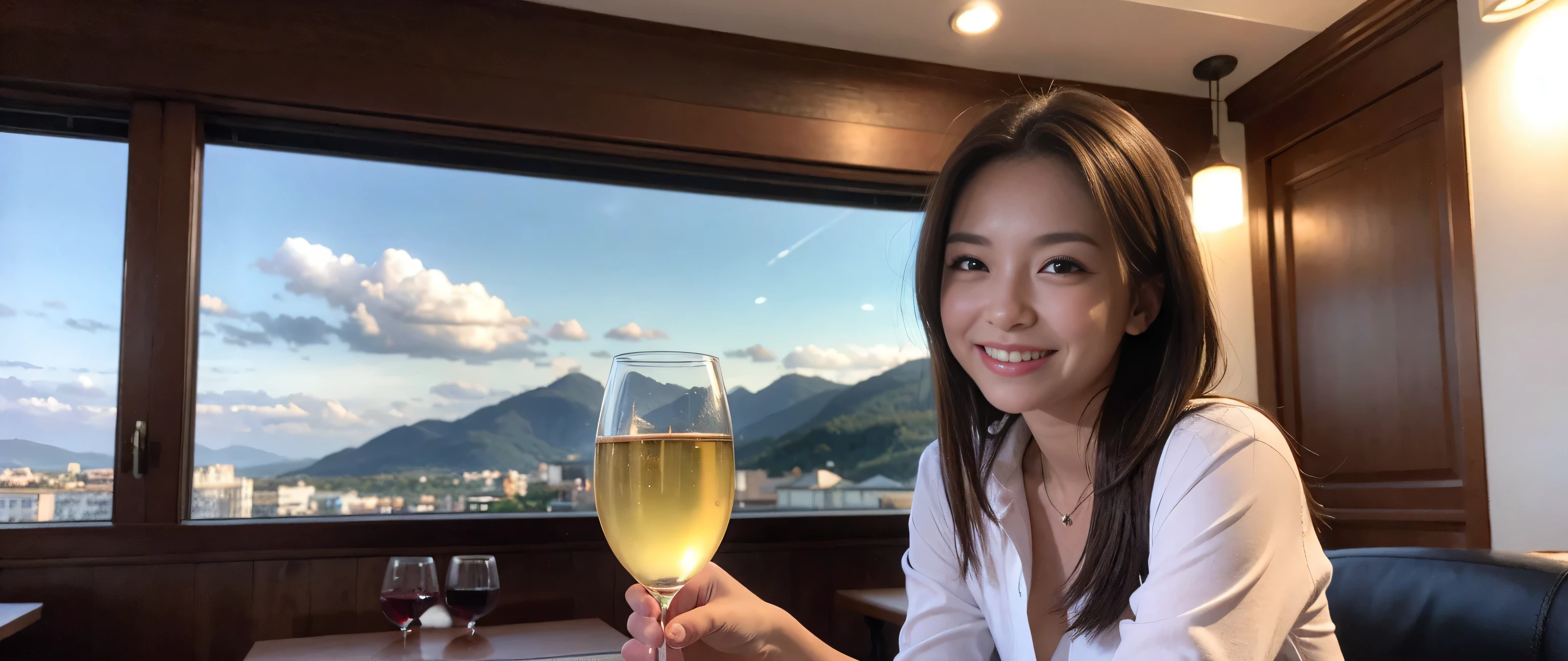 ((highest quality、8k、masterpiece:1.3))、Sharp focus:1.2、Beautiful woman perfect body:1.4、Slim body、((Bob Hale、Straight hair:1.2))、(to be born, highest quality, masterpiece:1.5), (Realistic, Intricate details:1.2), Wine glass on the table、Put the light on your face、 Amazing view of the sunset sky and clouds、Amazing mountain views、A bright smile、A lovely woman with a smile、Bright image、2. The beauty of wine, Beautiful Face, blue eyes, The light shines on your face, Blushing, short hair,Bright Face、Fox face、 (43 years old), 39 years old, Lady、red wine 、Appetizers、Italian food、Wine bottle、Champagne、sparkling wine、Two beauties、Brown Hair、Shortcuts、Long sleeve shirt、dress、Pretty Woman 1, (Slim face), (The body is slim), (Brown Hair), (Shortcuts), cheeks turn a little red,Attractive beauty、, Out of the window, A beautiful and detailed night view unfolds.........., restaurant, In a prominent place (From the waist up) Nova Frog Style, actress, model, Upper Body, White wine, slim, wine glass, Wine glass placed in the center, smile, (smile: 1.15), Beautiful fine grain, Depth f/2,saturation, High Contrast, Strong light and shadow,Moist Body:1.5、3D texture、Delicate eyes、Brown Hair、The hair is very shiny、