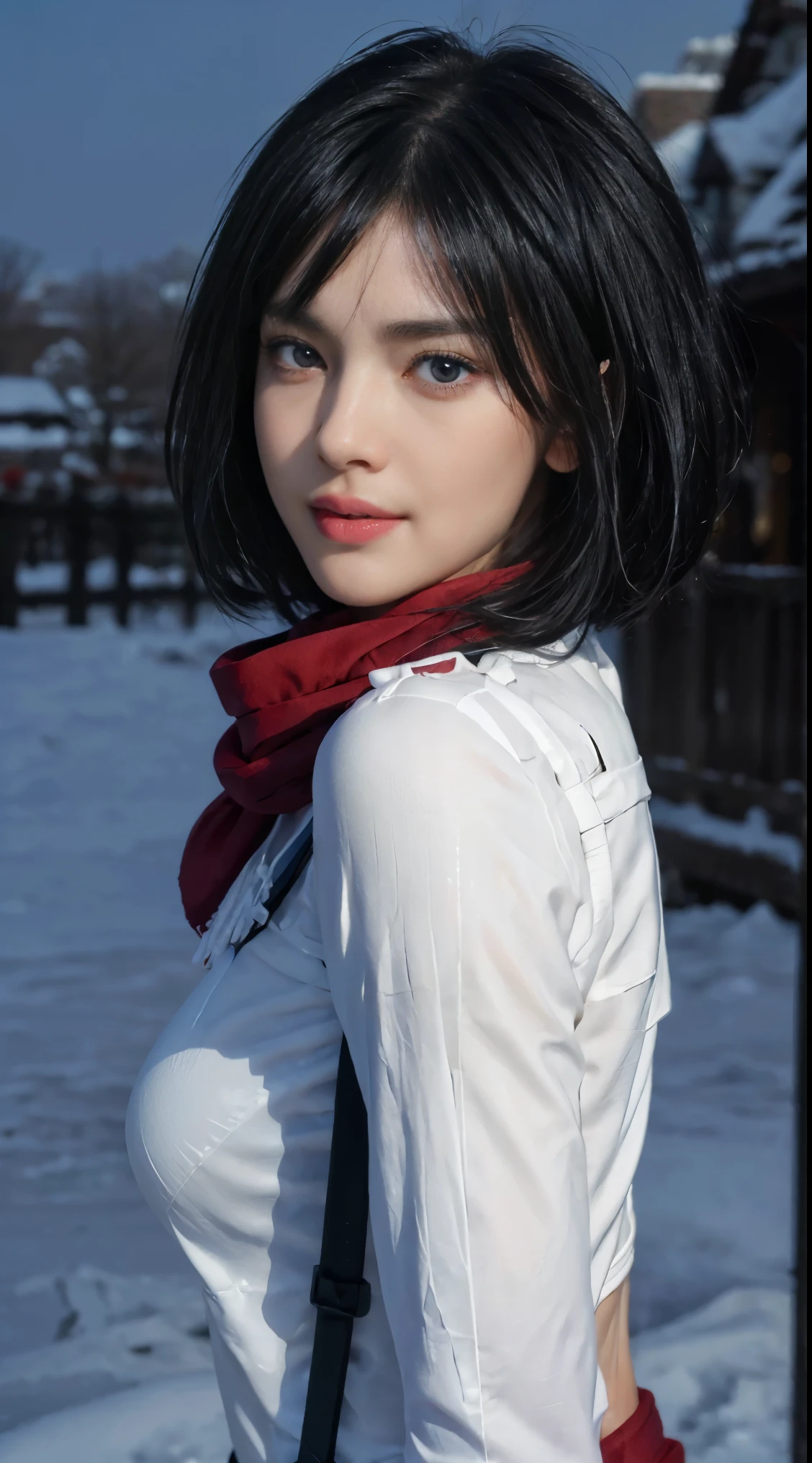 8K, Top Quality, Intricate Details, Ultra Detail, Ultra High Resolution, Masterpiece, ((close up shot)), shot from behind , looking away from viewer,, Slender, Smile, (Makeup: 0.4), (Fluffy Blue Eyes: 1.21), blue Eyes,, ((full body)), 1girl, solo, 1 girl, (( full body)), close-up shot, , , ((tall)), (((fit body))), (((slim face))), sharp face, sharp eyes, (((black hair, short hair, bangs)) ,(detailed face), sharp face, small lips, thin lips,
((,red scarf, thigh strap, mini skirt)), detailed face, detailed breast, , large breast, detail ass, round ass , Beautiful girl with accentuated slender abs: 1.4, Six Pack Abs: 1.4, Bust Botox, Big, Perfect Body, detail leg, (( moonlight)), in the snow