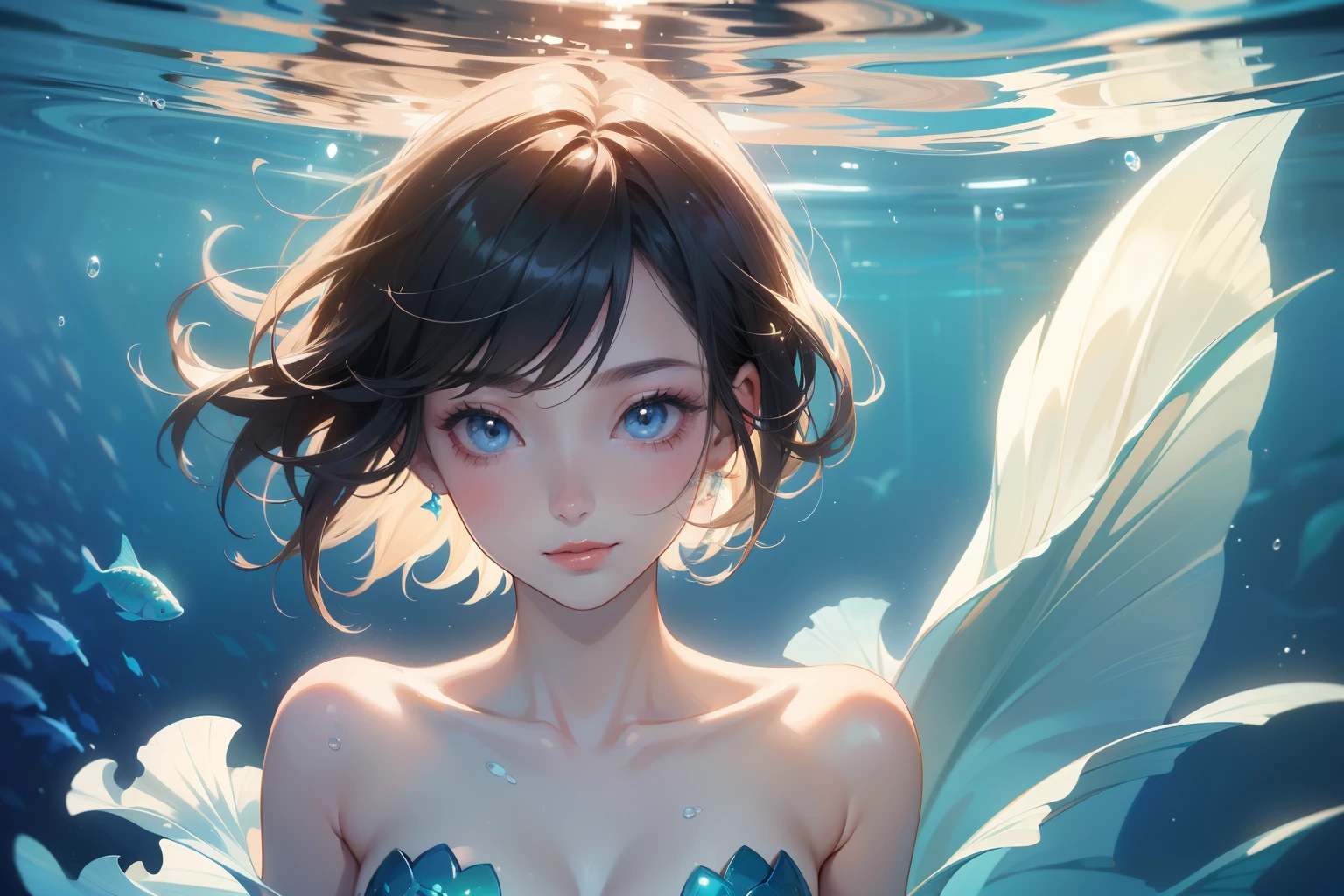 (highest quality, masterpiece, High resolution)、4K Anime Art、(Beautiful mermaid woman)、(whole body、In the water、 Hair floating on water)、 (Detailed depiction of a beautiful face)、Smile、Small breastedium Short Hair、Bobcut、Coral Reef、Colorful fish、Sea Turtle、light blue、