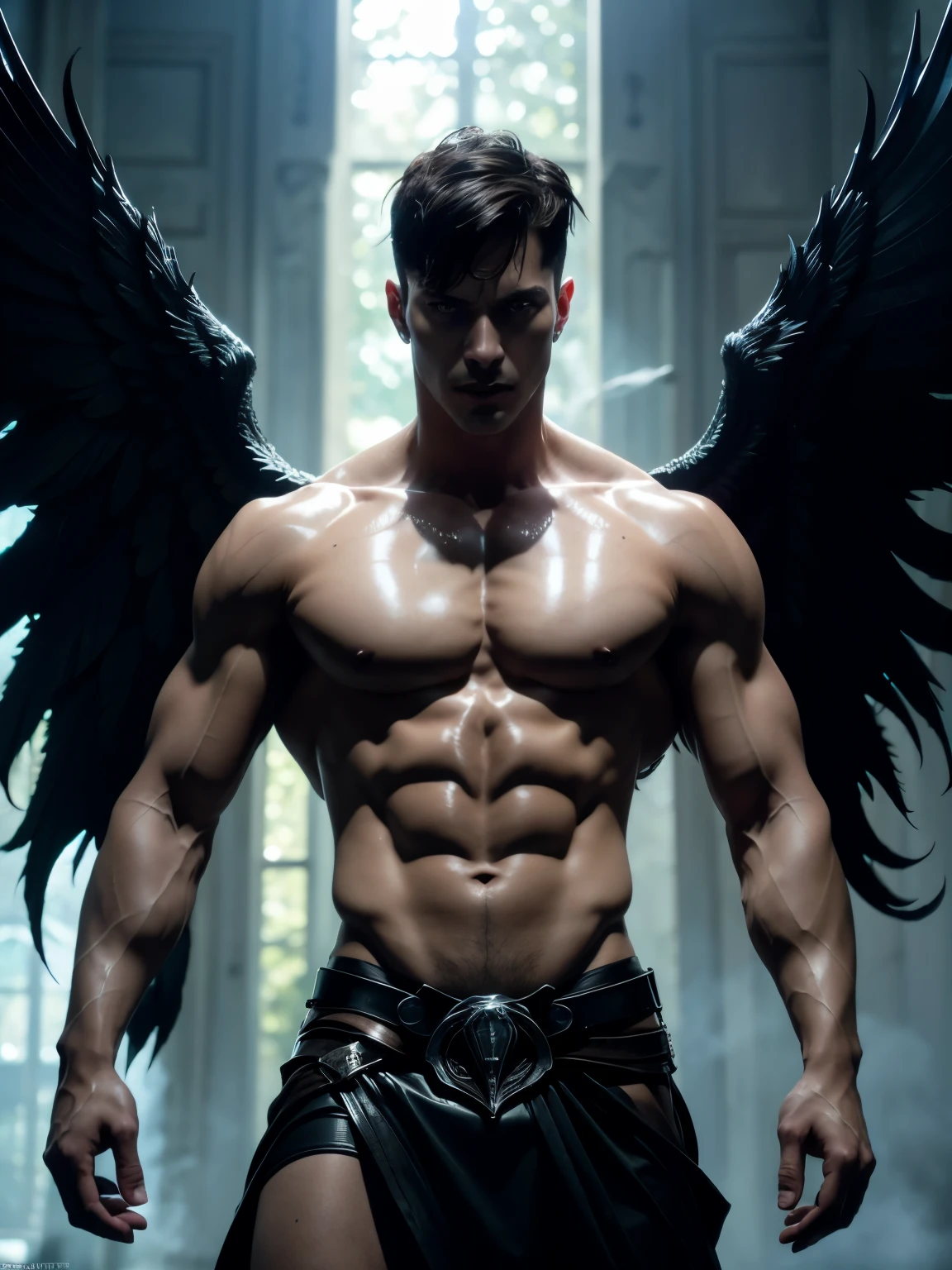 Photo-realistic, ((best quality)), ((masterpiece)), (detailed), shirtless, Azrael, masculine portrait of young personification of the angel of death,18-year-old male models, portraying death, angel of death as a guy,(huge balck Majestic dark angel wings ) handsome, tall, cute looking, evil look, dark look, powerful, young male, handsome model, clean shave, blue eyes, pale skin, white skin, white pale skin, (short curly messy brown hair:1.2), messy curly hair, super strong, muscular, fit, massive muscles, six pack, shirtless, bare-chested, muscle, ripped, strong body, fit body, (dark evil black death:1.4), small skirt, ( draped cloth skirt), catacombes in the background, Dark background, Blurred background, 8k, high detailed, ultra-detailed, Stylish Pose, real skin texture, (dramatic cinematic light:1.8)
