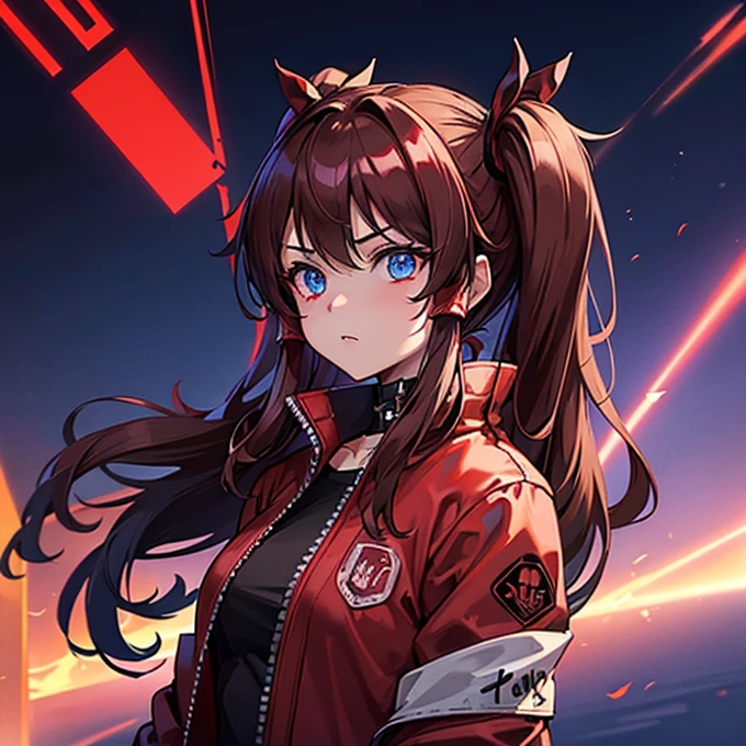 1 girl, Reimu Hakurie, touhou, masterpeice, brown hair, neon blue eyes, glowing eyes, red eyeliner, alternate costume, red bomber jacket, cyber punk art style, cyber punk background