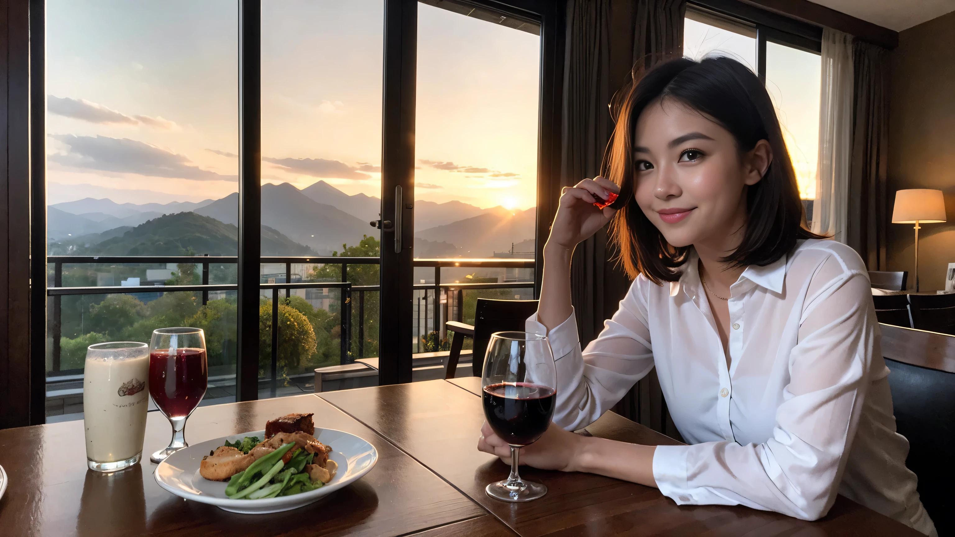 ((highest quality、8k、masterpiece:1.3))、Sharp focus:1.2、Beautiful woman perfect body:1.4、Slim body、((Bob Hale、Straight hair:1.2))、(to be born, highest quality, masterpiece:1.5), (Realistic, Intricate details:1.2), Ultra-high resolution, Shine light on your face、Amazing view of the sunset sky and clouds、Amazing mountain views、A bright smile、wine glass、red wine 、Appetizers、Italian food、Wine bottle、Champagne、sparkling wine、, Beautiful Face, blue eyes, The light shines on your face, Blushing, short hair,Bright Face、Fox face、 (42 years old), 40 years old, Lady、Two beauties、Brown Hair、Shortcuts、Long sleeve shirt、dress、Pretty Woman 1, (Slim face), (The body is slim), (Brown Hair), (Shortcuts), cheeks turn a little red,Attractive beauty、, Out of the window, A beautiful and detailed night view unfolds.........., restaurant, In a prominent place (From the waist up) Nova Frog Style, actress, model, Upper Body, White wine, slim, wine glass, Wine glass placed in the center, smile, (smile: 1.15), Beautiful fine grain, Depth f/2,saturation, High Contrast, Strong light and shadow,Moist Body:1.5、3D texture、Delicate eyes、Brown Hair、The hair is very shiny、