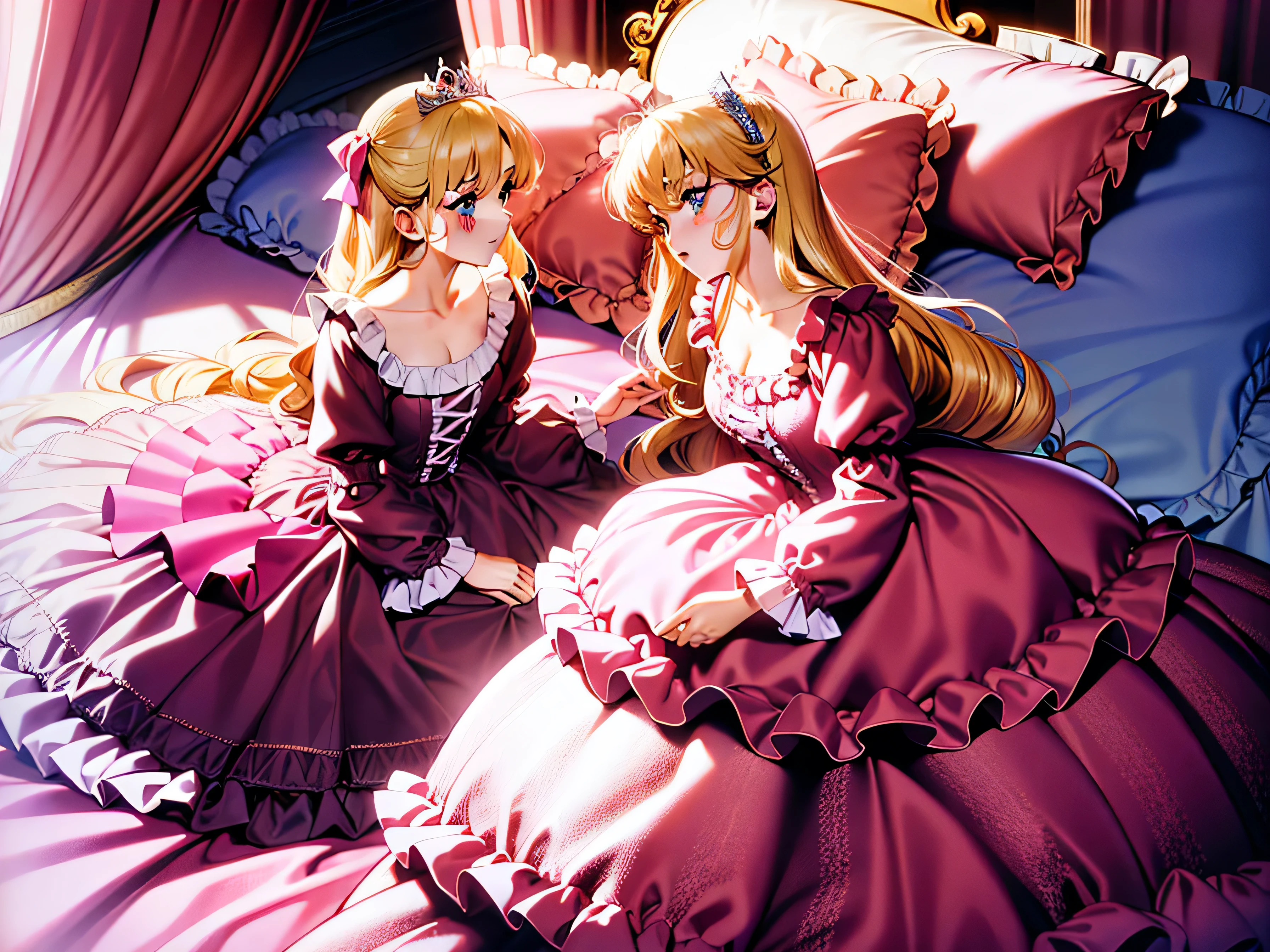 ,highest quality, masterpiece, highest resolution, artwork,1990s style anime illustration,((10 year old little girls)),Super detailed baby face,both are princesses,detailed luxury tiara,Full length ball gown dress with hoop skirt,ruffle yoke collar,Detailed braided ribbon at chest,puff sleeves,long sleeve,((lolita style hot pink princess satin dress、Comes with lots of frills and ribbons。)),shiny silk satin dress,soft and smooth silk satin fabric,luxury,Very long blonde hair,blue eyes,white skin european,pajamas,((inside the palace)),Princess dancing happily,gorgeous flowing dress,fine white frills and lace,Super long hair that is as tall as your body,white long socks,drawers with lots of frills,castle bedroom at night,Super long flowing hair,on the bed,Luxurious canopy on the bed,Huge, spacious bed,Pink pillow with lots of frills,Silk satin pink curtains with luxurious ruffles and ribbons surround the bed,princess sitting on bed,Pillows piled up behind the princess,A princess leaning on a pile of pillows,Long hair scattered like a fan on the bed,(((Both legs are completely hidden inside the dress))),