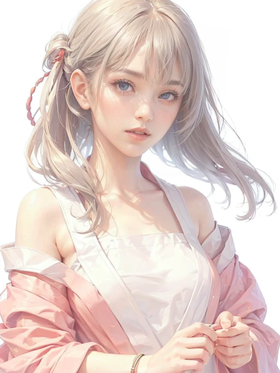 (((1 girl))),masterpiece,highest quality,Realistic,Upper Body,Long Hair,Gray Hair,Skin Texture、Beautiful Japanese Kimono、(band、peach:1.2)、The hem of the hakama is long,Milestone Celebration,White Background、Pink Coat