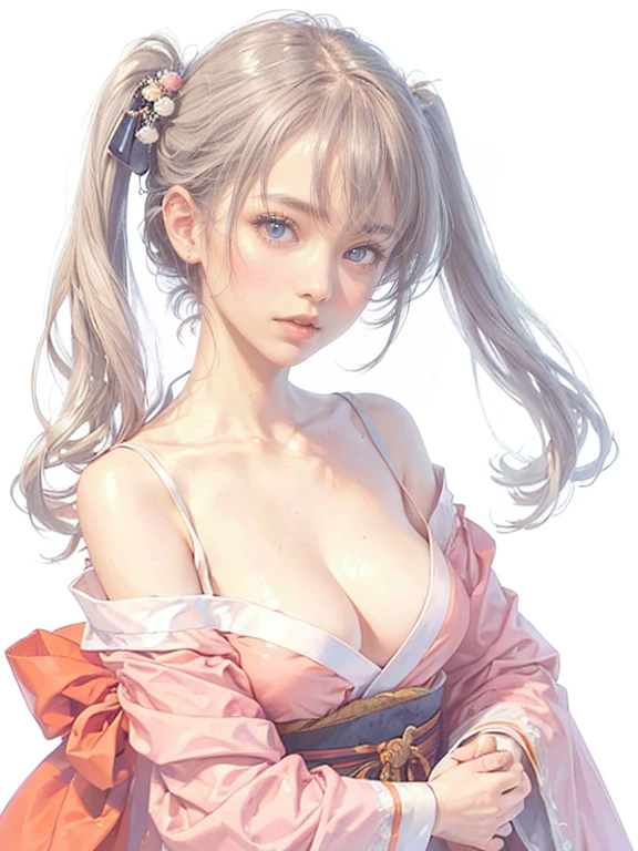 (((1 girl))),masterpiece,highest quality,Realistic,Upper Body,Long Hair,Gray Hair,Skin Texture、Beautiful Japanese Kimono、(band、peach:1.2)、The hem of the hakama is long,Milestone Celebration,White Background、Pink Coat