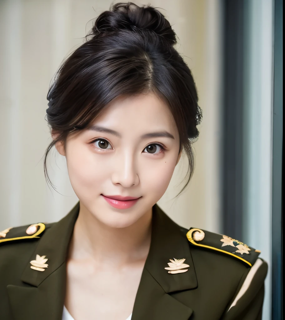 25 years Old woman, military suit, cleavage, beauty face, thin, Updo hair style, small breast, At home