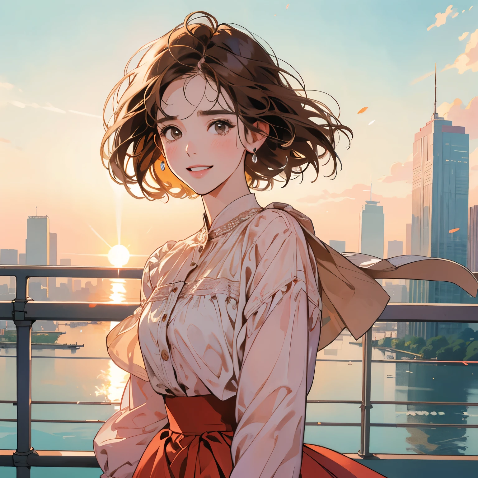 whole body、Kind Face、1 pretty woman、blouse、Pedestrian bridge、skyscraper、Sunset、Complex background、Detailed Hair、Light brown hair、Faint lighting、The wind is blowing、Smiling and crying、Short hair