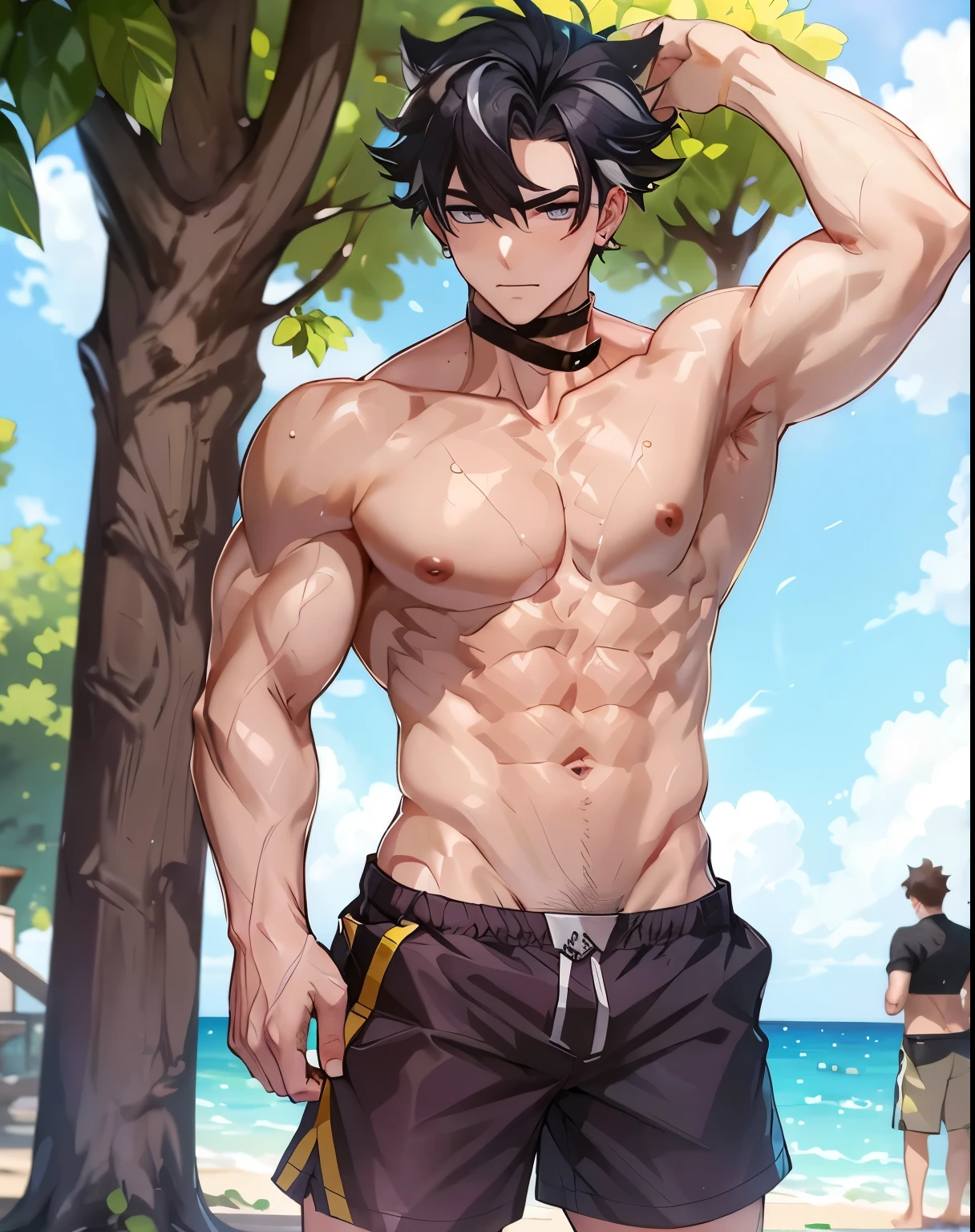 anime guy with a Shirtless body and a sword standing on a beach, Anime handsome man, Cool anime poses, Tall anime man with blue eyes, The handsome guy in Demon Slayer, Male anime characters, muscular!!, Bad guy anime 8k, At the beach, Shirtless, Shirtless :: High Detail, on the beach, muscular!, Inspired by Masanobu Okumura