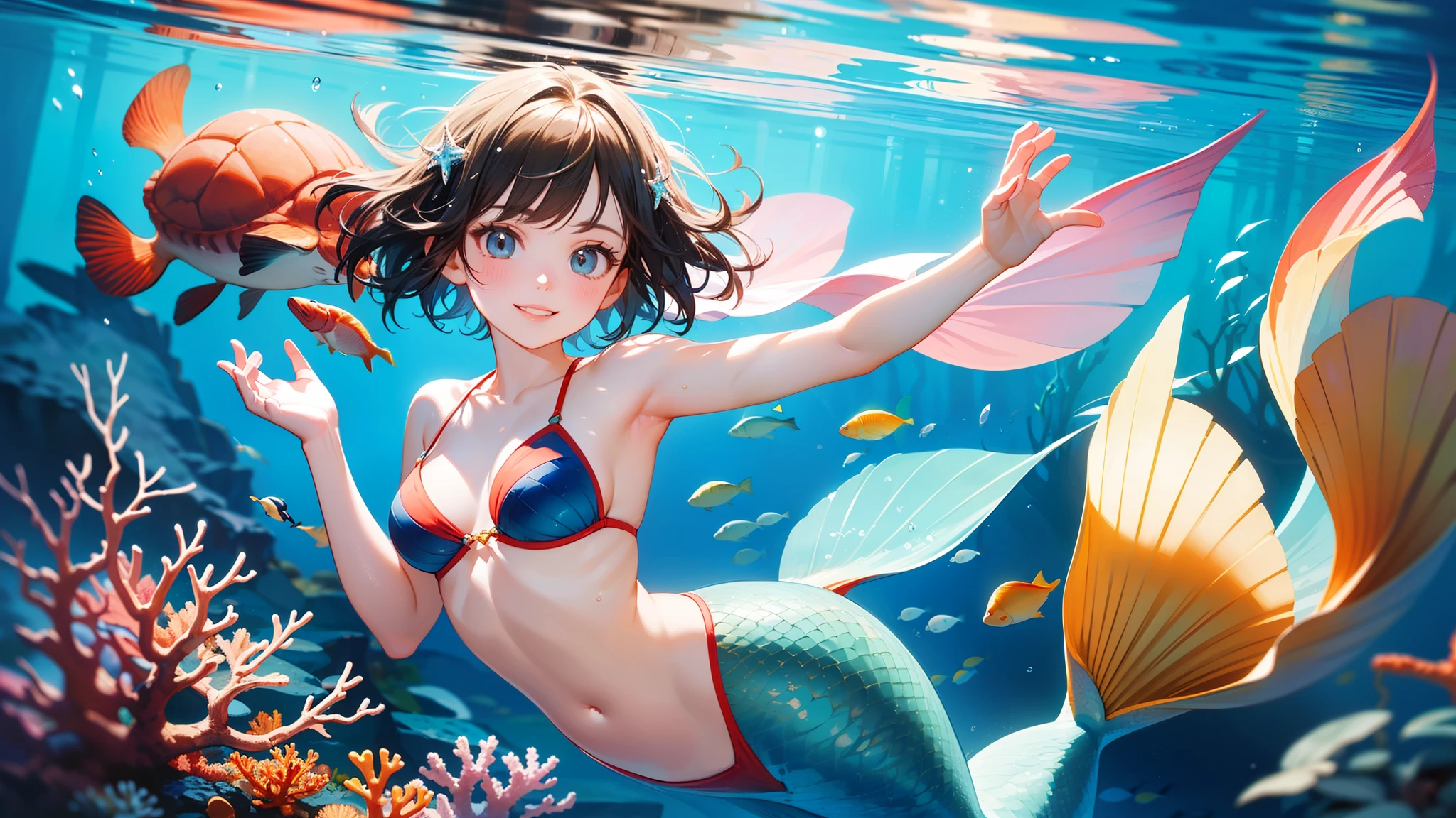 (highest quality, masterpiece, High resolution)、4K Anime Art、(Beautiful mermaid woman)、((whole body))、(In the water、 Hair floating on water)、(Swim gracefully)、 (Detailed depiction of a beautiful face)、Smile、Small breastedium Short Hair、Bobcut、Coral Reef、Colorful fish、Sea Turtle、light blue、