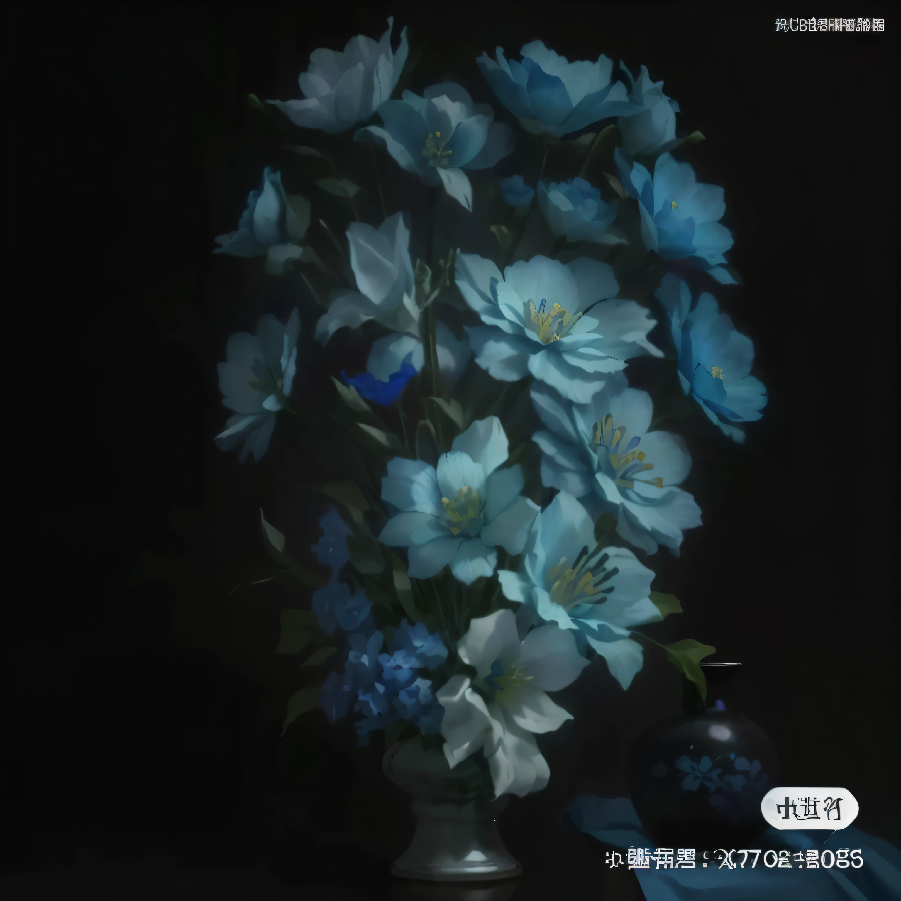There is a vase on the table,There are blue flowers inside, still life photography, Ghost Festival, still photography, by Xie Shichen, Surreal Waizi Flowers, by Xia Shuwen, Still Life Photography Studio, inspired by Yanjun Cheng, by An Zhengwen, yanjun chengt, The album cover, author:Xi Gang