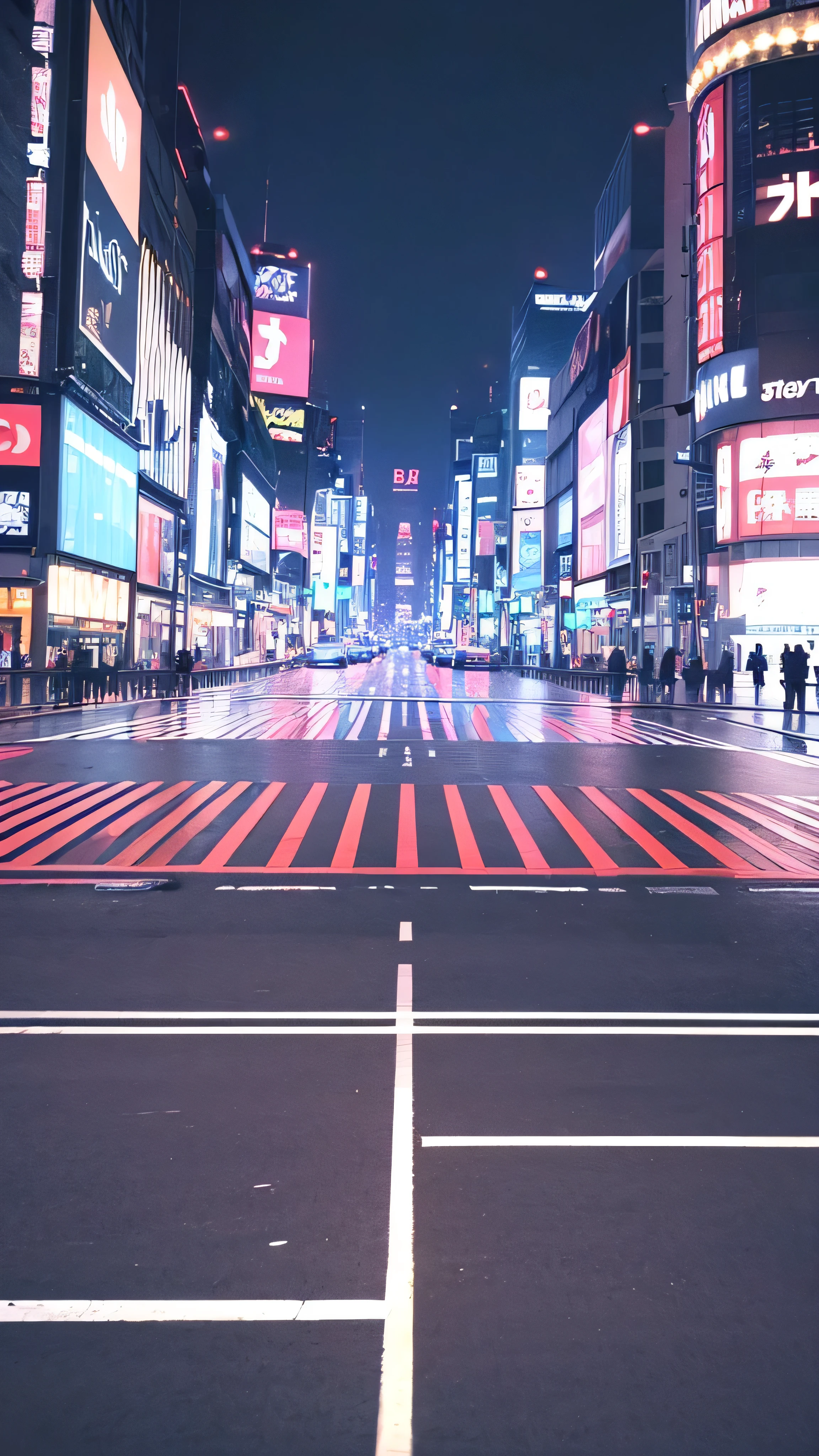 (high quality, 8k, 4K, masterpiece: 1.2, 最high quality), Shibuya crossing, empty street scene, neon signs, low wide shot camera angle, no people