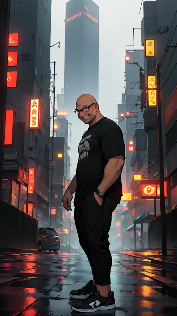 A fat indonesian young man, bald head, with a clear face and square clear-framed glasses, wearing a black oversized t-shirt, black pants and black Vans shoes. He is smiling and stands between buildings during a night rain and dramatic lighting, with a stunning Cyberpunk graphic render.