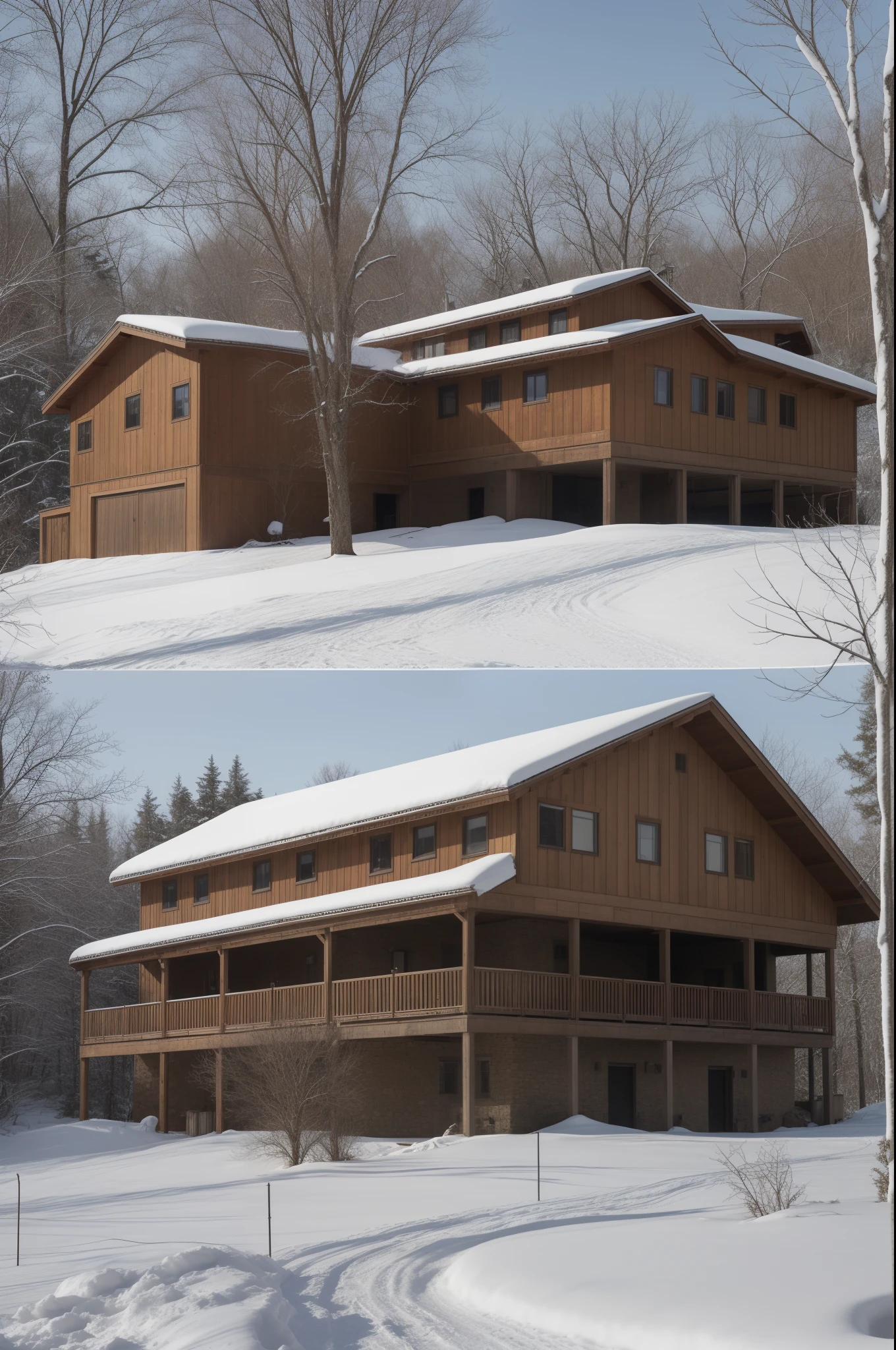 a large cement house that's fenced on all sides and often covered in snow. The house has three floors, a big lawn with another entry gate, a large garage, a lion's den, a horse stable, and a small warehouse at the back, jungle in the background.