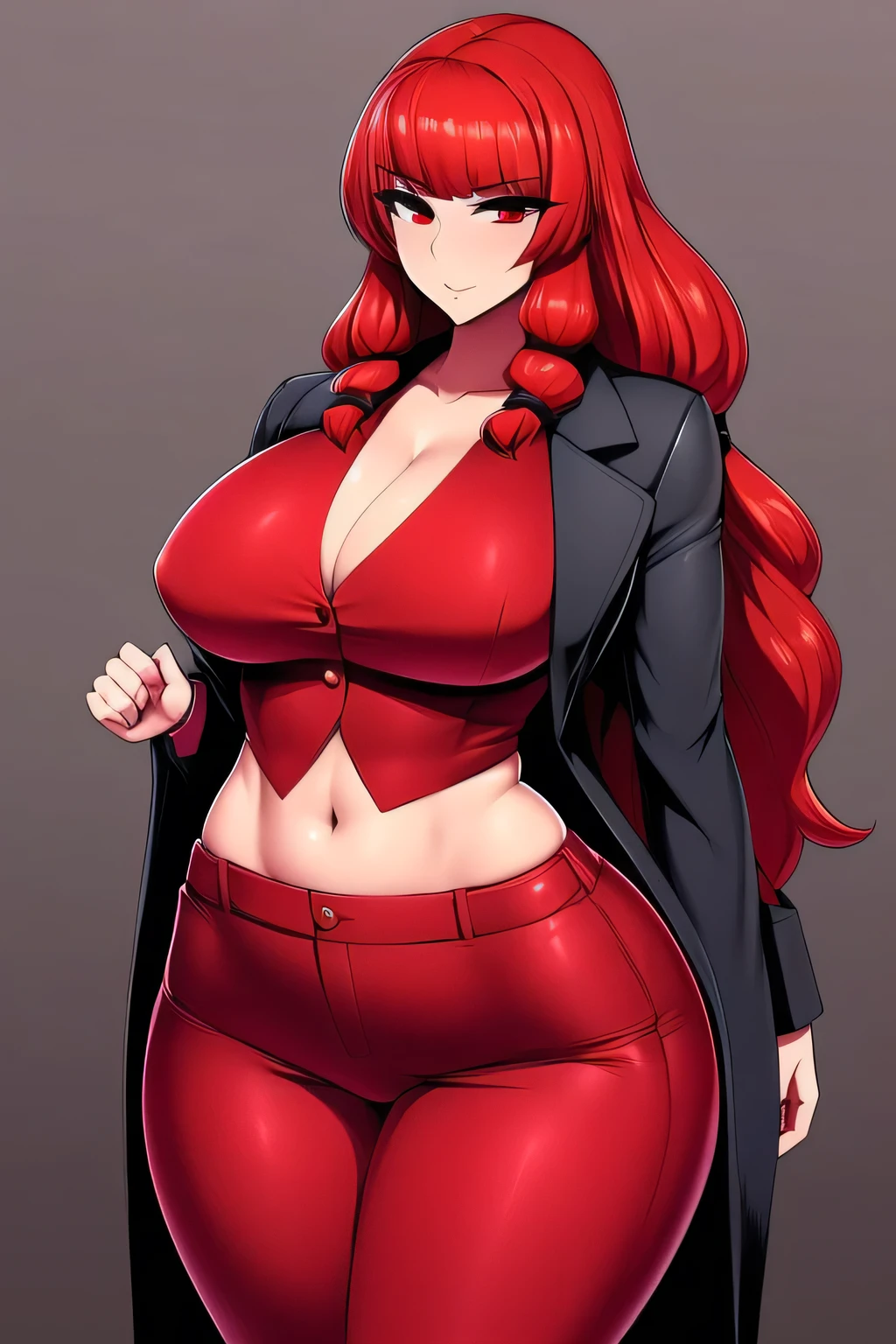 A tall sexy woman, tough, beautiful, beautiful, big chest, long wavy red hair, her big red eye, black eyelash, pink lip, dresses in a red blouse, tied knot, wearing a vest, black coat, shows her navel, sexy curve, and her long gray pants, red sneakers.