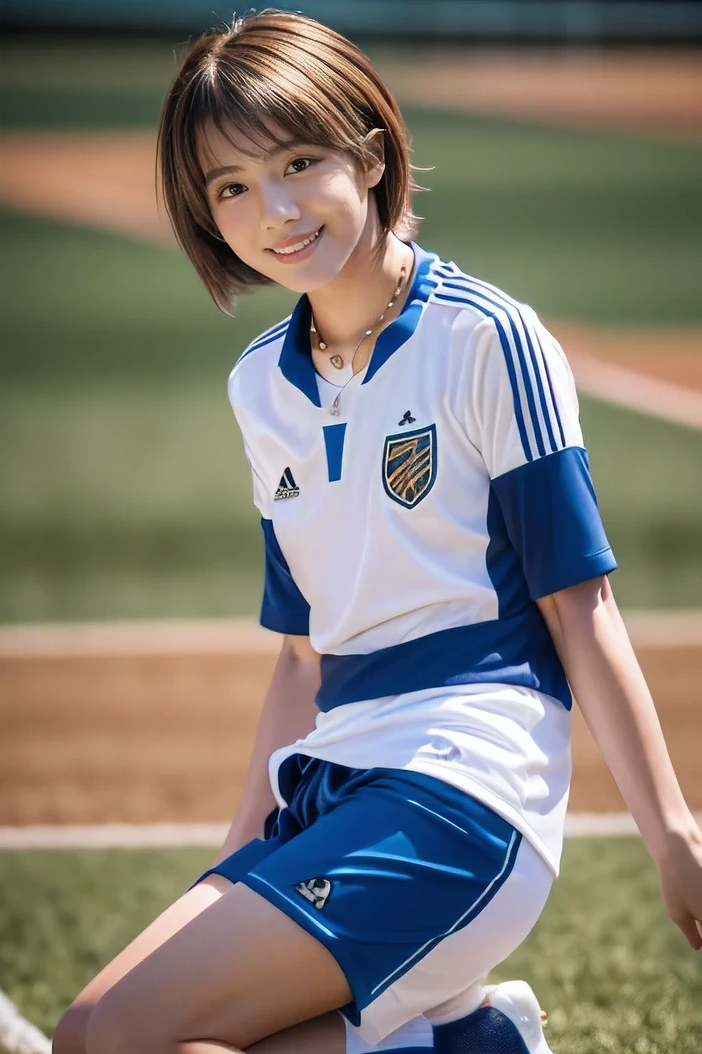 (An 18-year-old woman practicing soccer on a soccer field:1.5)、(Gentle smile:1.2)、(The best quality at its best:1.4), (Super detailed), (Very detailed CG unified 16k), Beautiful woman with perfect figure: 1.4, Sharp focus: 1.2, Very detailed, High-quality RAW color photos, Professional photography, Great face and eyes, cosmetics, (Amazingly beautiful girl), ((Soccer uniforms:1.5)), Sexy posture，(View from below), Realistic movie faces, Full body long view from head to toe, Realistic, ((Realistic natural orange red hairstyle, Realistic blue eyes)), ( Short Bob Hair:1.5), (necklace:1.5)、, Very beautiful face, Perfect model beauty, Mouth swelling, Highly detailed face and skin texture, Fine grain, double eyelid, Medium chest, smile, (masterpiece), highest quality, High resolution, Very detailed, Blurred Background, Depth of written boundary, Cinema Lighting, Great legs, , Clear, well-maintained skin,