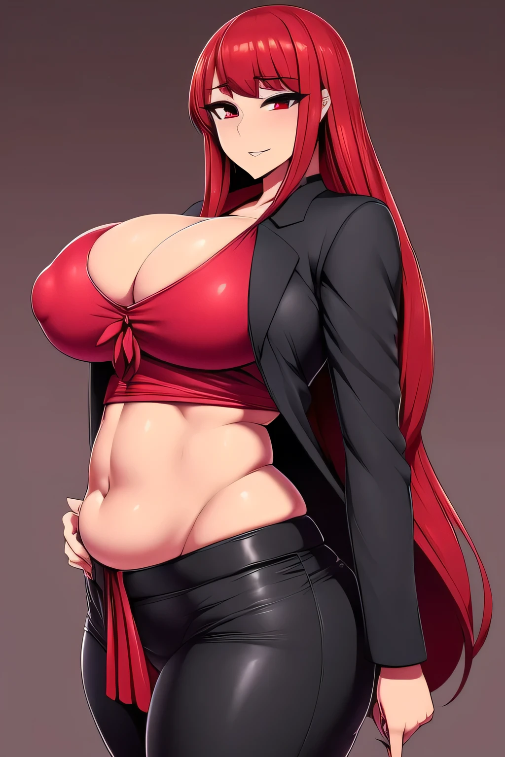 A sexy woman, tough, beautiful, beautiful, big breast, long wavy red hair, her big red eye, black eyelash, pink lip, she dresses in a red blouse, tied knot, wearing a vest, black coat, showing her belly button, sexy curve, and her long gray pants, red sneakers. 