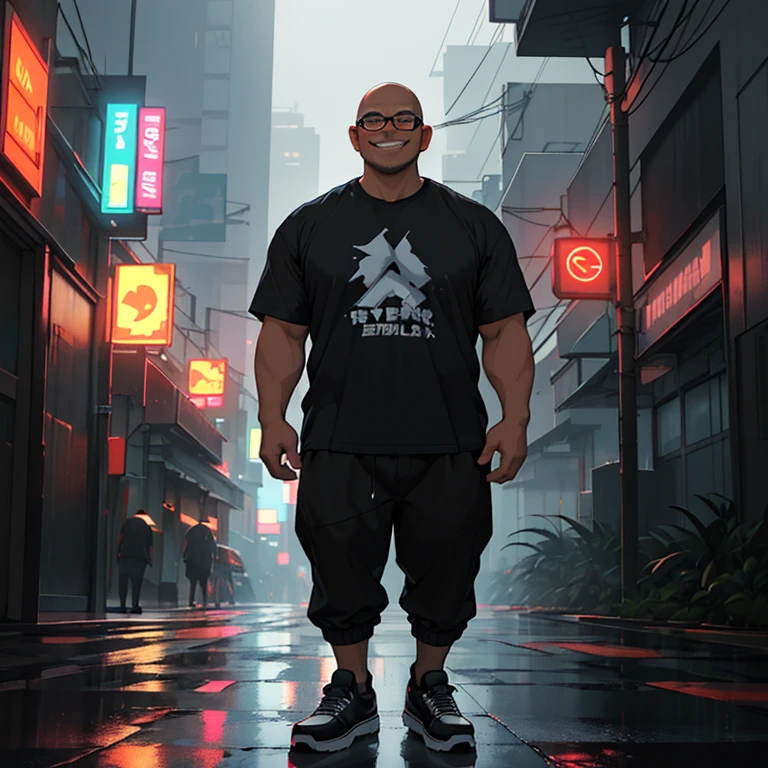 A fat indonesian young man, bald head, with a clear face and square clear-framed glasses, wearing a black oversized t-shirt, black pants and black Vans shoes. He is smiling and stands between buildings during a night rain and dramatic lighting, with a stunning Cyberpunk graphic render.