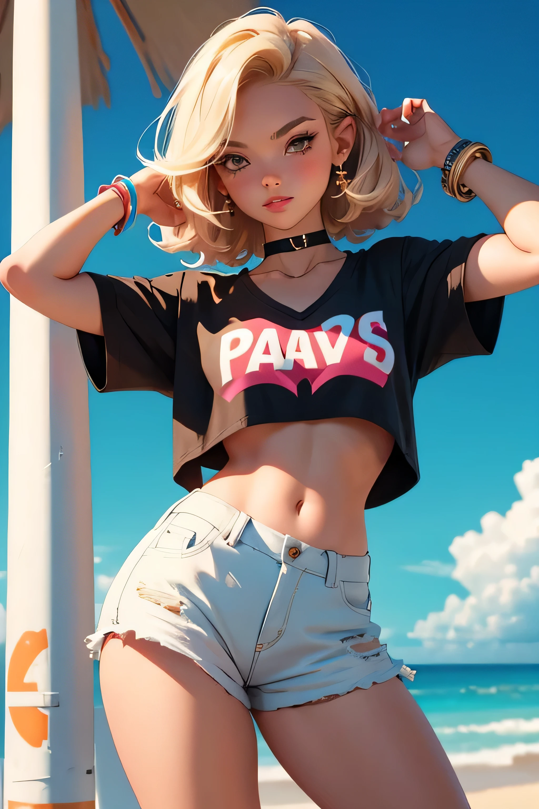 age girl-model 18 years old, beautiful, blonde, bob hair, bangs, brown eyes, beautiful figure, girl wearing crop shirt and too short mini shorts, beautiful long legs, slave bracelets, slave choker, manicure, cute makeup, flirtatiously posing, hot summer, hot flirty, sexy posing, summer outfit, top quality, higest quality, pin-up style, retro 80s style, Daisy Dukes style, slave girl, Miami vibes,