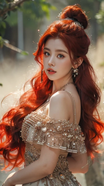 A red haired girl in the misty mountains, messy bun hair, round breasts, necklace, earrings, bracelet, ray of light, real skin texture, detailed detail,