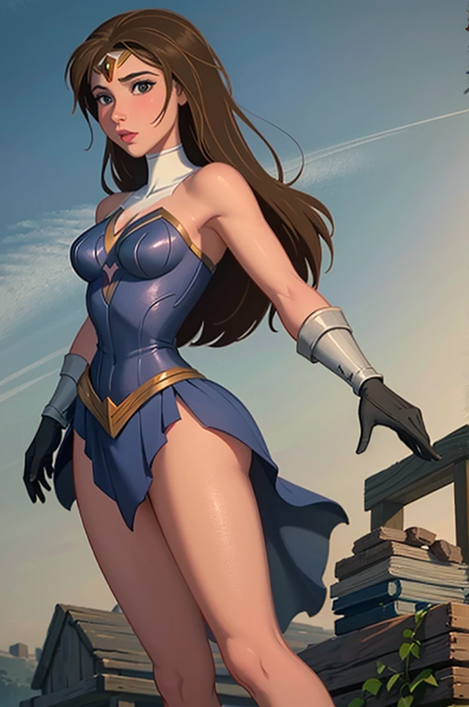Wonderwoman,1girl,solo,looking at viewer,brown hair,long hair,blue eyes,breasts,medium breasts,gloves,Wonderwoman costume,makeup,Wonderwoman dress,white gloves,lipstick,