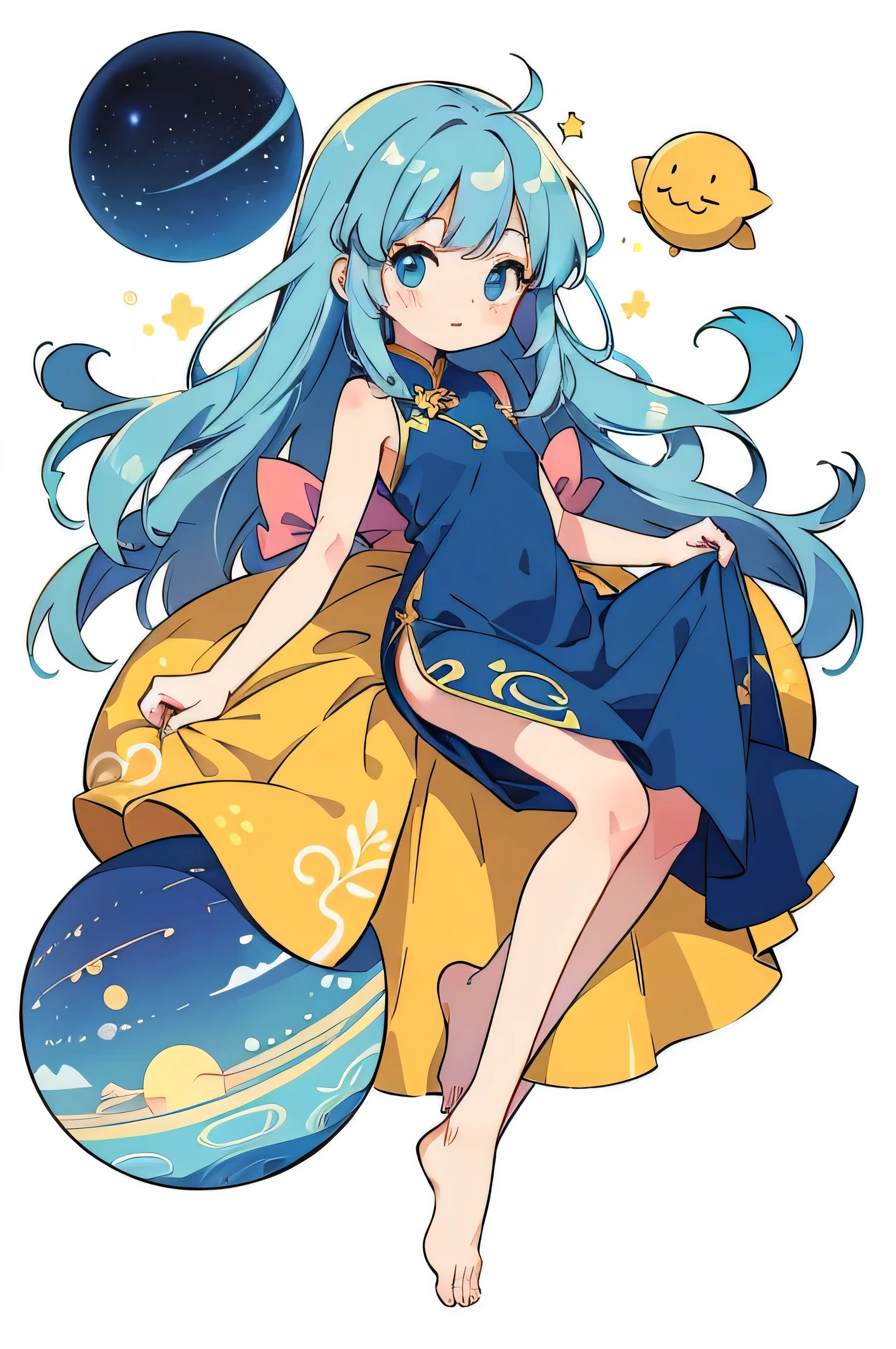 Create an anime-style image of a cute yet mature 14-year-old girl in a chibi (deformed) style with a gravity and planetary theme, against a plain white background. She has a calm and serene expression, with long, flowing light blue hair that gently floats as if in zero gravity. Depict her lying down horizontally, with her body slightly arched, as if she's gracefully floating in space. Ensure that her entire body is visible, from head to toe. Her hands are tucked into her sides, adding to the relaxed and carefree atmosphere. She wears a traditional Chinese dress, specifically a cheongsam (qipao), in a vibrant yellow color, with cosmic-themed patterns and colors. The dress is sleeveless, emphasizing her arms and shoulders. Accessories such as small planets or stars are attached to her hair and outfit. Focus on the character's details, and emphasize an adorable yet mature appearance, without any surrounding objects.