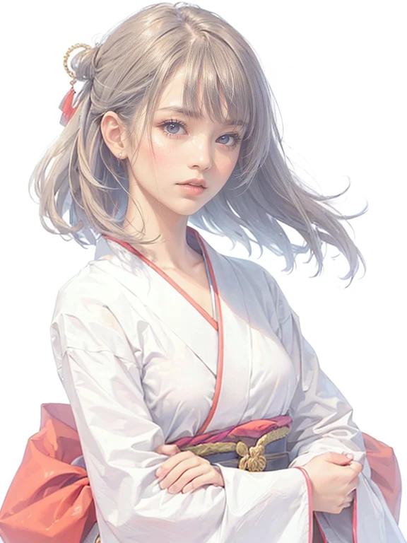 (((1 girl)))，masterpiece，highest quality，Realistic，Upper Body，Long Hair，Gray Hair，Skin Texture、Beautiful Japanese Kimono、、The hem of the hakama is long，Milestone Celebration，White Background、Pink Coat