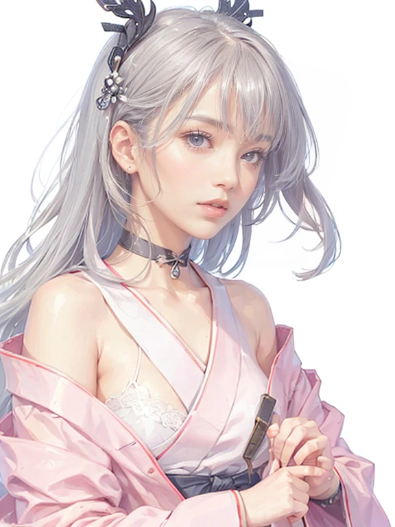 (((1 girl))),masterpiece,highest quality,Realistic,Upper Body,Long Hair,Gray Hair,Skin Texture、Beautiful Japanese Kimono、、The hem of the hakama is long,Milestone Celebration,White Background、Pink Coat