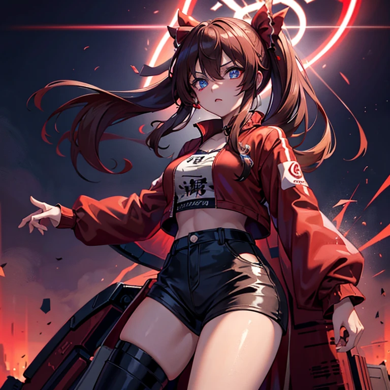 1 girl, Reimu Hakurie, touhou, masterpeice, brown hair, neon blue eyes, glowing eyes, red eyeliner, alternate costume, red bomber jacket, cyber punk art style, cyber punk background