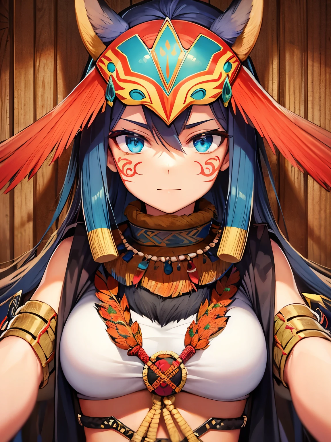 Tribal Mask: Visualize a mask inspired by traditional tribal designs, featuring bold colors, natural materials like wood and feathers, and intricate patterns. The mask is set against a lush jungle background, highlighting its cultural roots.