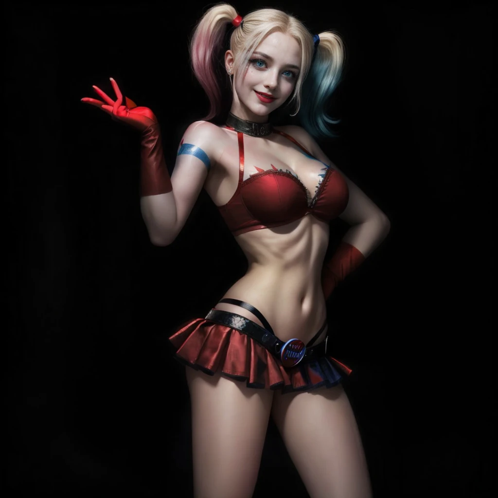 HarleyQuinn, light blue eyes, (best quality,ultra-detailed),(Realistic:1.37), beautiful and detailed face, Ultra-realistic texture, delicate face, athletic body, vivid colors. High definition, 8K. cute smile expression
