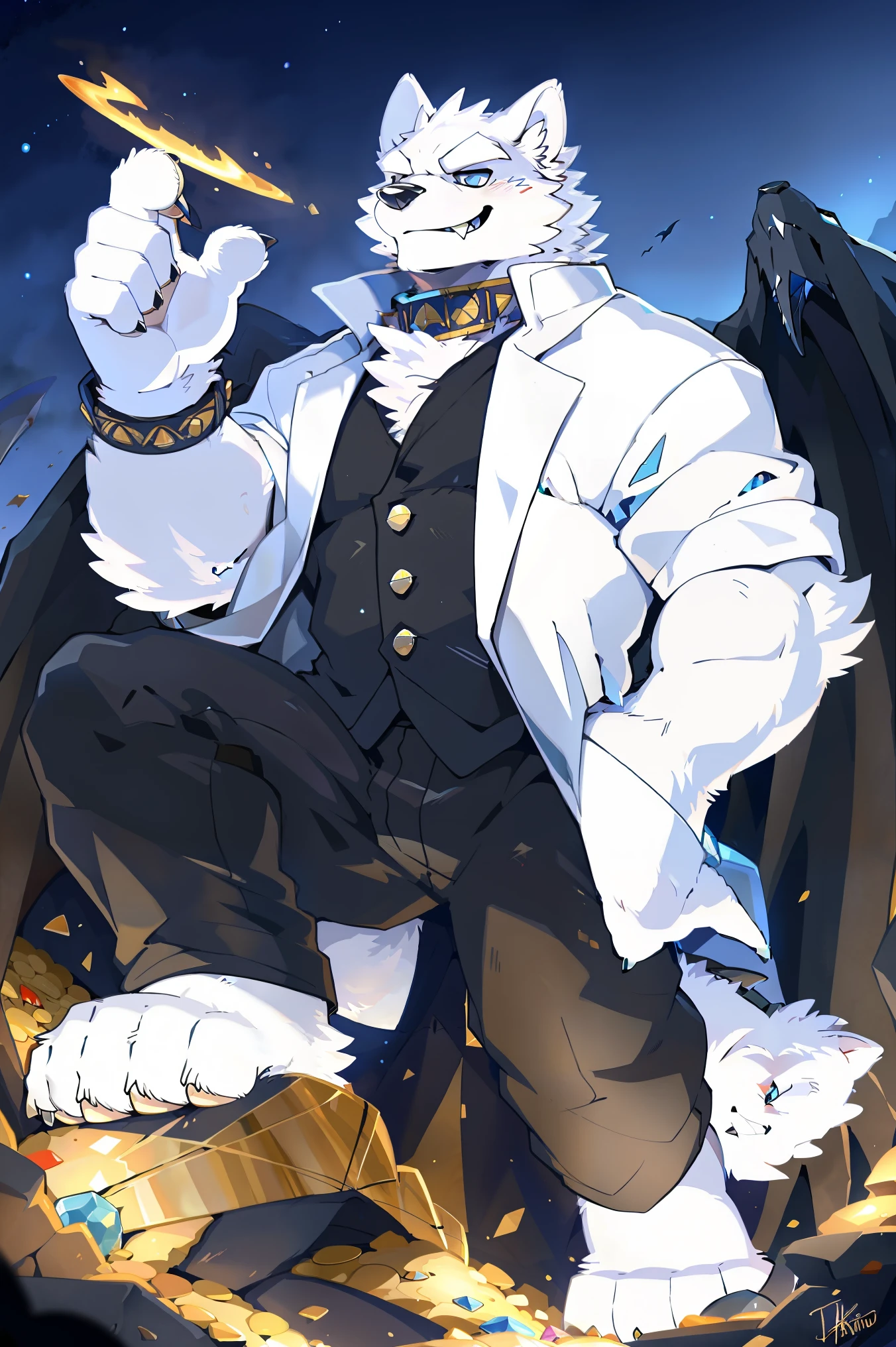 In the vault, Treasure, ((all white fur:1.5)), solo, Perfect sky blue eyes, Collar, (artist:Takemoto Arashi), Mature face, elder, naughty face, glint, longeyelashes, (fang out:1.5), (Clear facial details), Wearing a black long trench coat|Black pants, Gold underfoot, doyagao, Surrounded by gold and jewelry, evil smile, barefoot, Gemstones in hand, Arrogant grin, Thin and tall figure, from side, Tonalism, tachi-e, from below, from below, best quality, UHD, super detail, high details