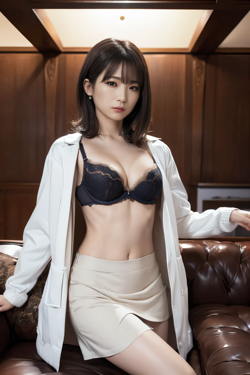  body、Full body Esbian ，Female doctor, Doctor&#39;s coatを着ている, Japanese Model, Health care workers, Surgeon, Stand with your feet apart，Random Pause，Very small waist、(Very large breasts:1.3)、plump thighs、Natural Skin、Ultra-thin face、 extra thin hands, very thin fingers, Optimal ratio、Surreal, ((Doctor&#39;s coat、Stethoscope、Sexy white panties，Sexy white bra，Too much exposed skin、The length is short and the thighs are visible))、Blushing cheeks、body covered in 、((28-year-old female:1.2))、Young and adorable Japanese face, Official Art，Highly detailed CG Unity 8k wallpaper，（masterpiece:1.0),(highest quality:1.0),  Very detailed, photo shoot, 8k, nsfw, High resolution, Kodak Portrait 400, Film Grain, Lens flare brilliance,View the viewer