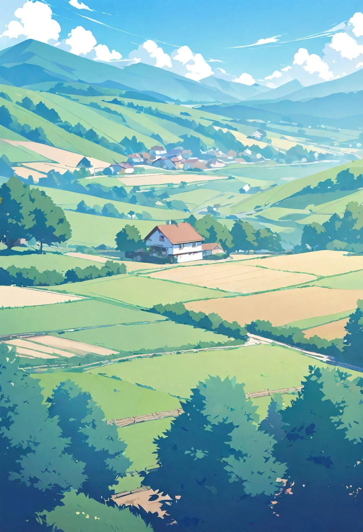 Summer rural landscape illustration blue sky