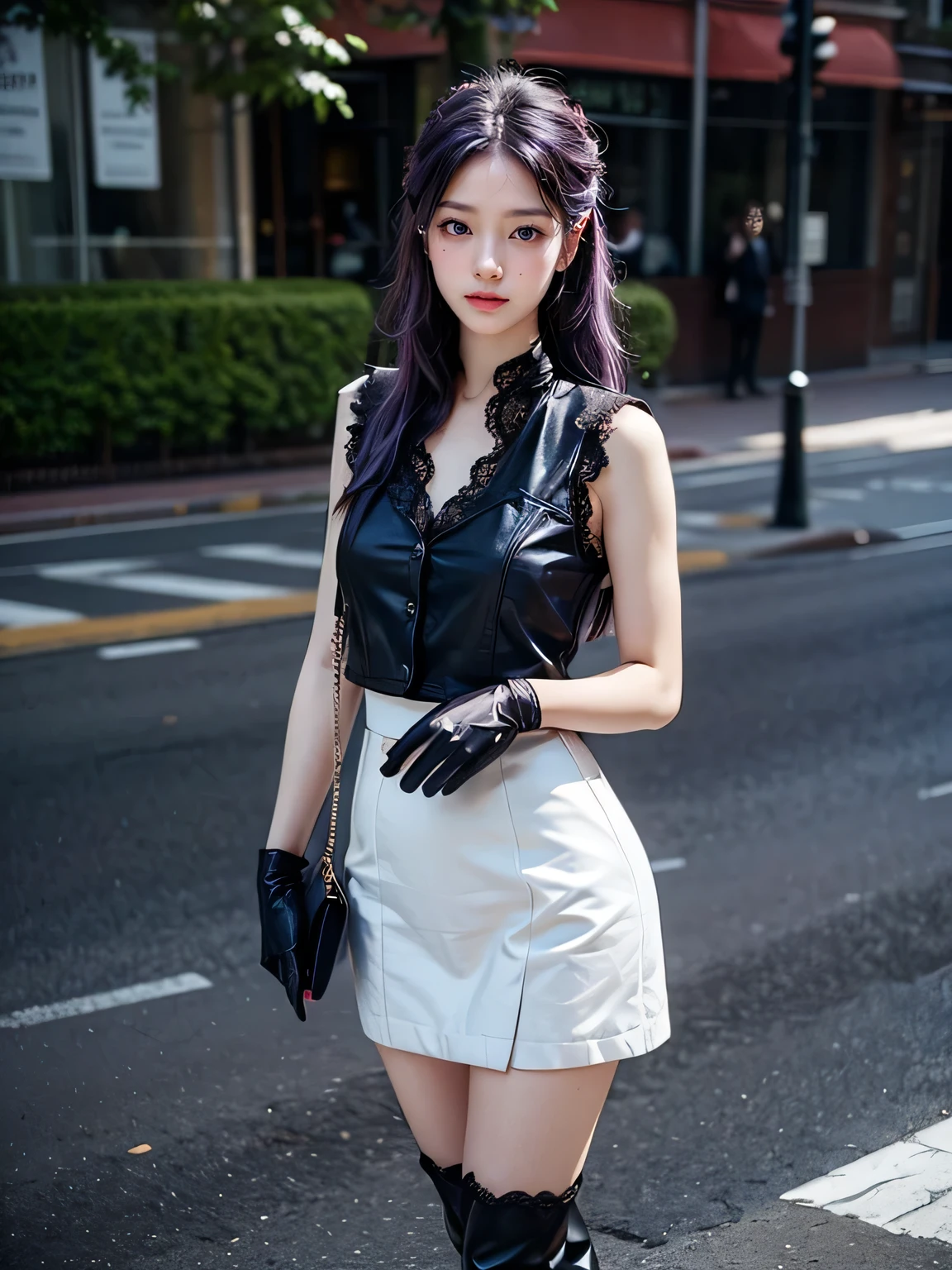 (1 lady), (Best quality at best:1.4), (ultra - detailed), (extremely detailed CG unified 16k), A Beautiful Woman with Perfect Figure: 1.4, Sharp Focus: 1.2, purple hair, very detailed, High-definition RAW color photo, professional photoshooting, amazing face and eyes, cosmetics, standing, (amazingly beautiful girl), ((kotomi)), ((exact clothes: white dress, black vest, Black Lace Bridal Gloves, glasses, wearing black combat boots)), (looking cute, immerse in her own thoughts expression), (City park, extremely detailed background, realistic background, first date vibes), (look from above), realistic cinematic face, head to feet long wide zoomed out view, full body long view, head to shoes, photorealistic, ((realistic natural purple hair style, purple eyes)), gorgeous, extremely beautiful face, pretty face, delicate girl, skinny but in good shape, perfect model beauty, pout mouth, Highly Detailed Face and Skin Texture, Detailed Eyes, Double Eyelids, Medium size breasts, shy but motivated expression, (masterpiece), best quality, high resolution, extremely detailed, cinematic lighting, amazing legs, clear and well-cared skin, (milky pale skin, white skin like milk), official dior editorial, trending on pinterest, dreamy, aesthetic, ((style raw))