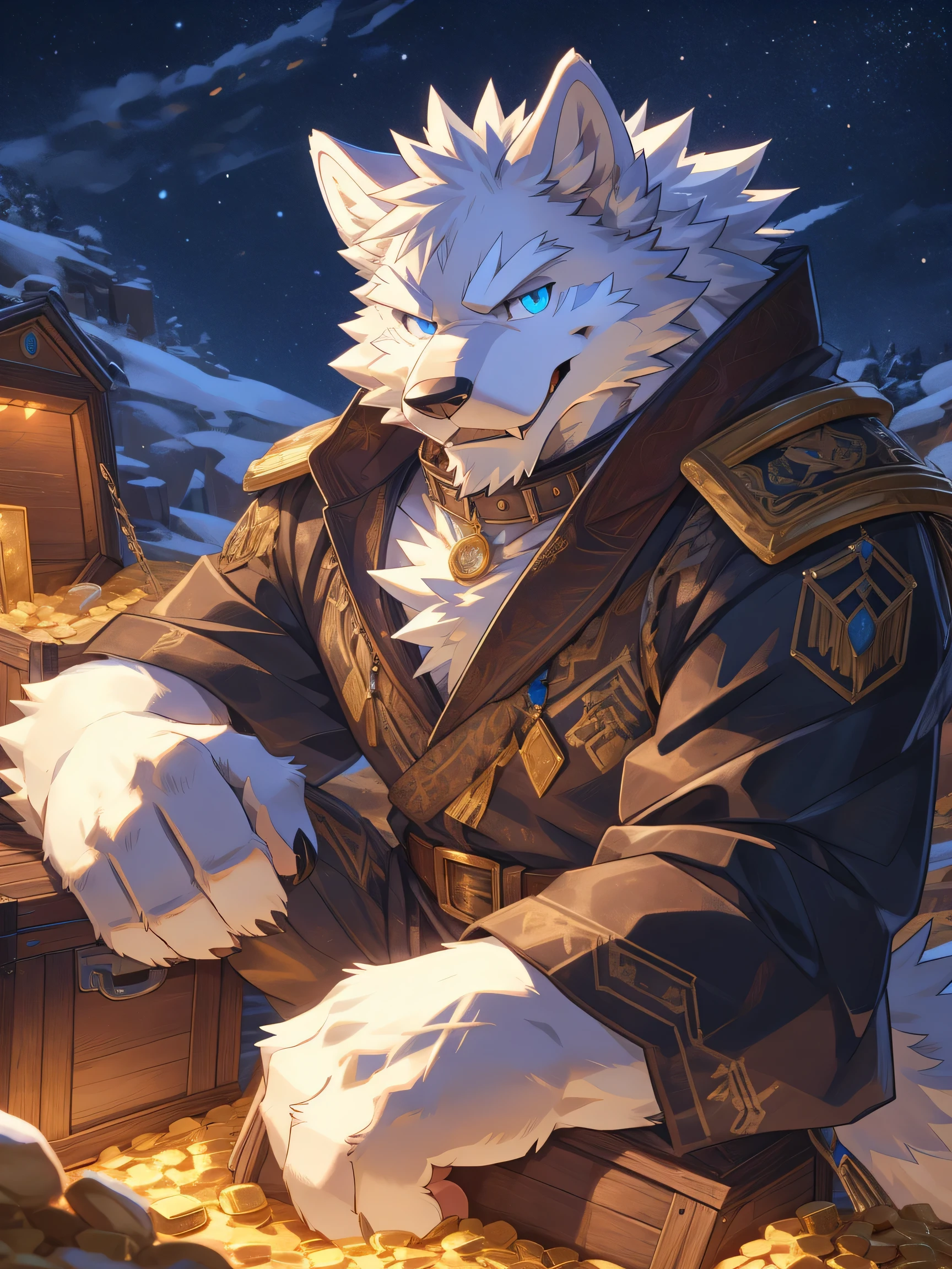 In the vault, Treasure, A snow wolf sitting in a treasure chest, ((all white fur:1.5)), solo, Perfect sky blue eyes, Collar, (artist:Takemoto Arashi), Mature face, elder, naughty face, glint, longeyelashes, (fang out:1.5), (Clear facial details), Thief&#39;s Outfit, Gold underfoot, doyagao, Surrounded by gold and jewelry, evil smile, from side, Tonalism, tachi-e, best quality, UHD, super detail, high details