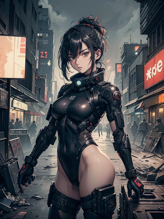 Dystopian future style image, A female soldier in high tech gear fighting in an urban warzone, dynamic pose, beautiful image, detailed face, 8k, gritty, dark anime, in the background a destroyed cityscape, neon lights, nighttime, highly detailed, maximalist, style like masamune shirow