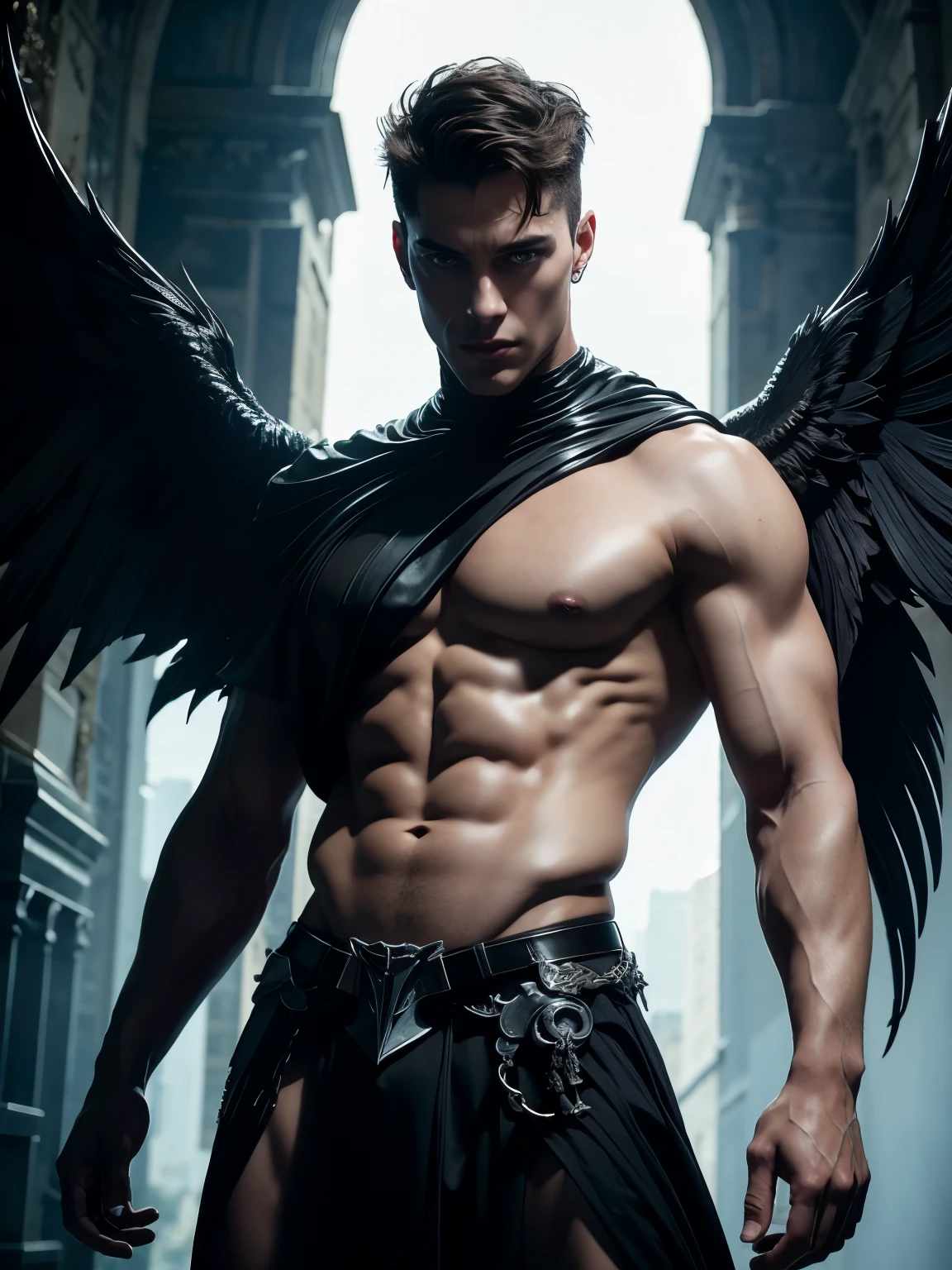 Photo-realistic, ((best quality)), ((masterpiece)), (detailed), shirtless, Azrael, masculine portrait of young personification of the angel of death,18-year-old male models, portraying death, angel of death as a guy,(huge balck Majestic dark angel wings ) handsome, tall, cute looking, evil look, dark look, powerful, young male, handsome model, clean shave, blue eyes, pale skin, white skin, white pale skin, (short curly messy brown hair:1.2), messy curly hair, super strong, muscular, fit, massive muscles, six pack, shirtless, bare-chested, muscle, ripped, strong body, fit body, (dark evil black death:1.4), small skirt, (draped cloth skirt), Catacombs of Paris, underground catacombes in the background, Dark background, Blurred background, 8k, high detailed, ultra-detailed, Stylish Pose, real skin texture, (backlight:1.2)
