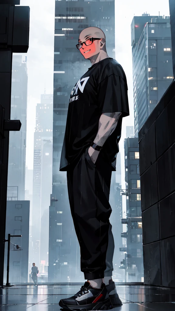 A fat indonesian young man, bald head, with a clear face and square clear-framed glasses, wearing a black oversized t-shirt, black pants and black Vans shoes. He is smiling and stands between buildings during a night rain and dramatic lighting, with a stunning Cyberpunk graphic render.