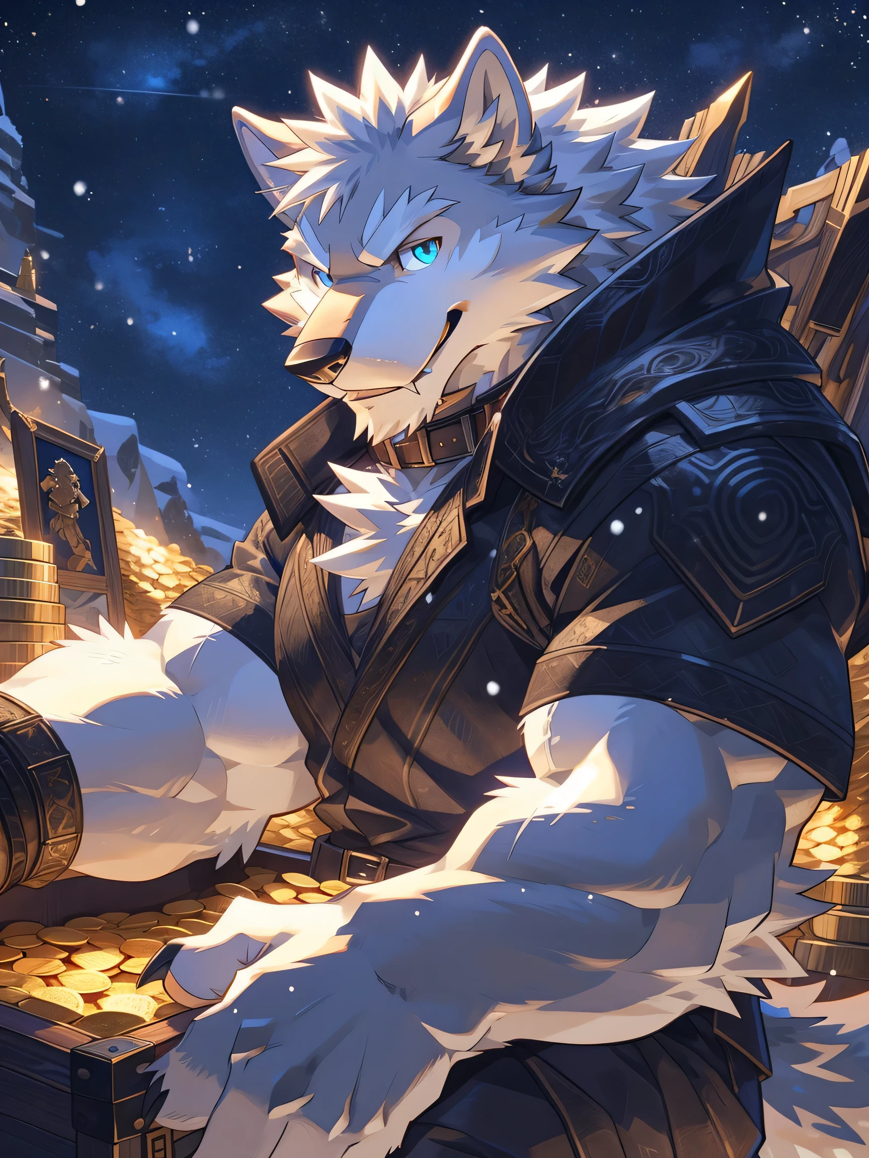 In the vault, Treasure, A snow wolf sitting in a treasure chest, ((all white fur:1.5)), solo, Perfect sky blue eyes, Collar, (artist:Takemoto Arashi), Mature face, elder, naughty face, glint, longeyelashes, (fang out:1.5), (Clear facial details), Thief's Outfit, Gold underfoot, doyagao, Surrounded by gold and jewelry, evil smile, from side, Tonalism, tachi-e, best quality, UHD, super detail, high details