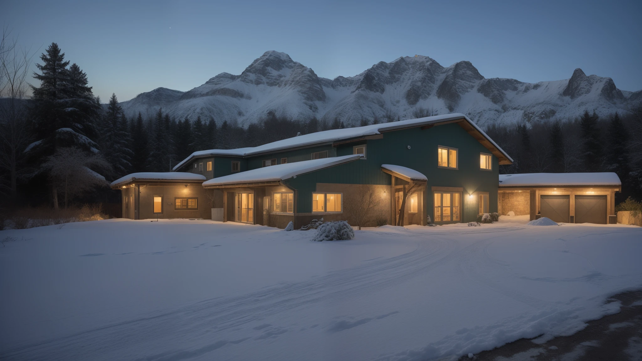 a large cement blue-green house that's fenced on all sides and often covered in snow. The house has three floors, a big lawn with another entry gate, a large garage with a jeep, a car and a bike parked, a lion's den, a horse stable, and a small warehouse at the back, with jungle in the background, nighttime.
