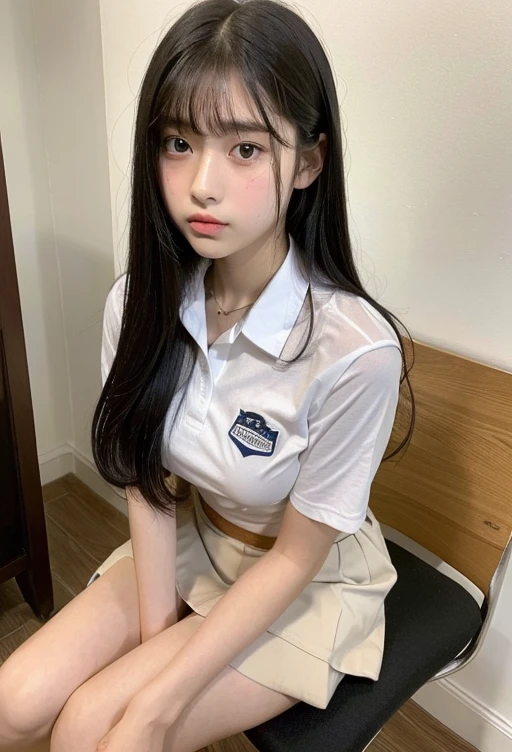 (highest quality, 8k, masterpiece ), An innocent 12-year-old junior high school girl
, Black Hair、Chest that looks like the shirt is about to tear、bangs:0.6,グラマーなThighs、Very tight see-through uniform:1.4、mini skirt, Highly detailed face, double eyelid, Strong natural light、round face:1.2、whole body、Thighs、loafers、round face、Horizontal angle,Side Angle:1.2