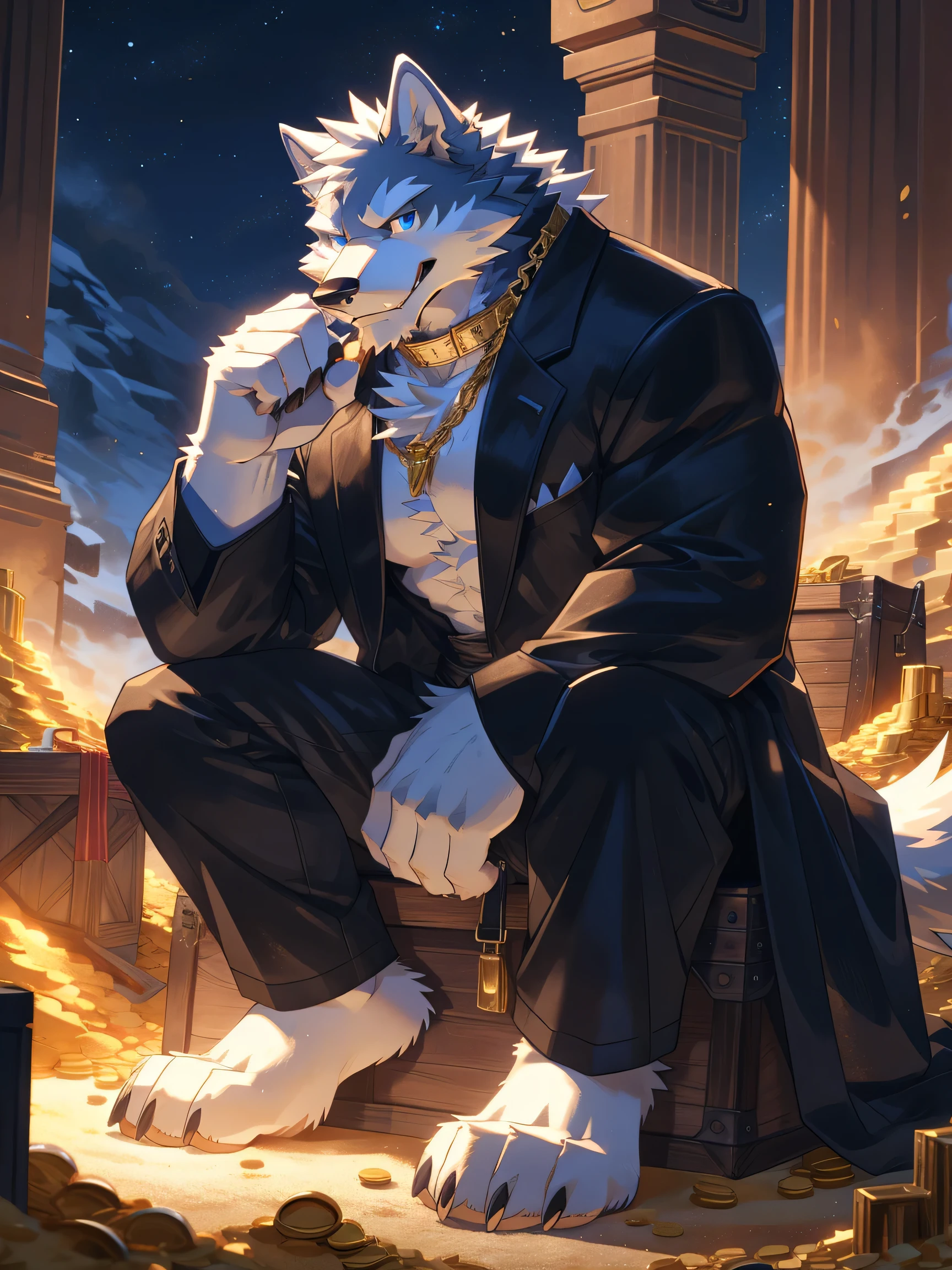 In the vault, Treasure, A snow wolf sitting in a treasure chest, ((all white fur:1.5)), solo, Perfect sky blue eyes, Collar, (artist:Takemoto Arashi), Mature face, elder, naughty face, glint, longeyelashes, (fang out:1.5), (Clear facial details), Wearing a black long trench coat|Black pants, Gold underfoot, doyagao, Surrounded by gold and jewelry, evil smile, barefoot, from side, Tonalism, tachi-e, best quality, UHD, super detail, high details