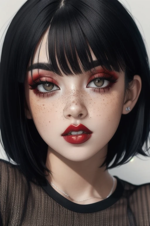 Fr3ckles, grey eyes, freckles, 1girl,  90sgrung3, red makeup, red lips, black hair, short hair, baby bangs, black shirt