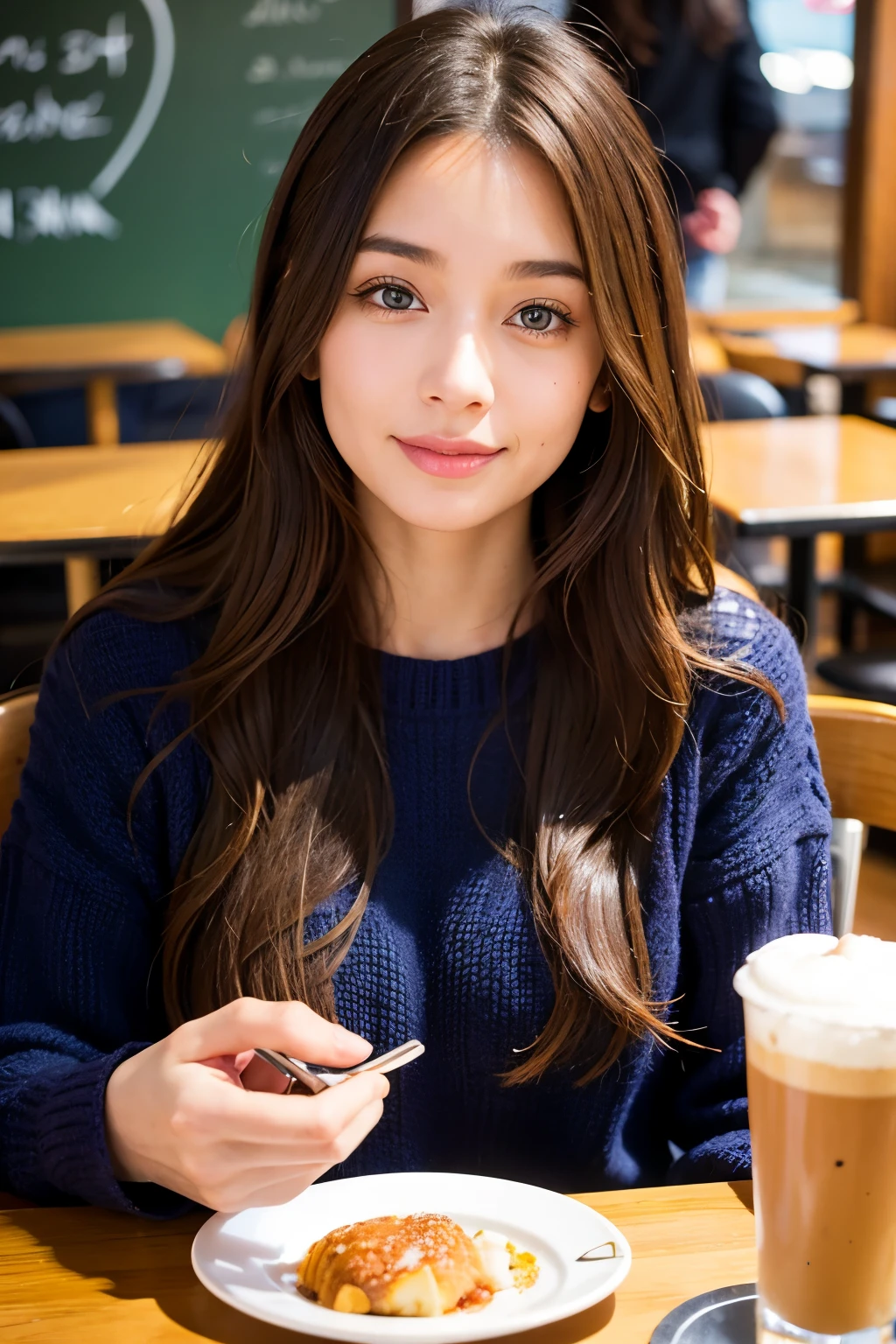 One girl with a perfect body， Very beautiful face and eyes，Long Hair， knit,　Cafe,　Date